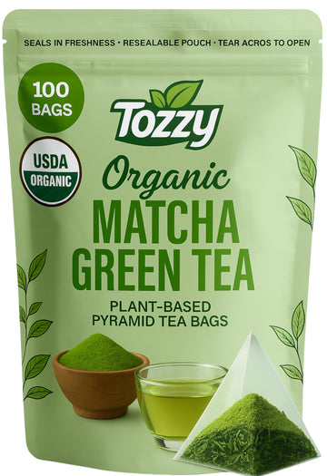 Tozzy Organic Matcha Green Tea - 100 Count  Plant-Based Pyramid Tea Bags | Ceremonial Matcha + Whole Leaf Sencha