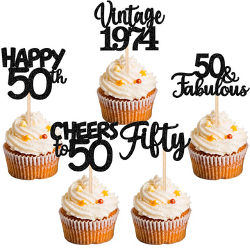 30Pcs Happy 50Th Birthday Cupcake Toppers Glitter Fifty Vintage 1974 Cupcake Picks Cheers To 50 Fabulous Cake Decorations For 50