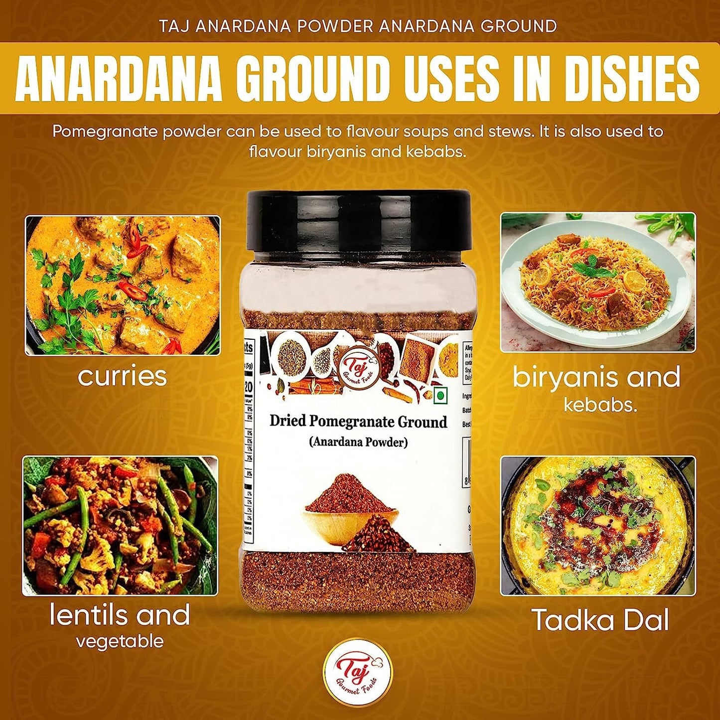 Taj Premium Indian Anardana Whole, Dried Pomegrante Seeds, 100G