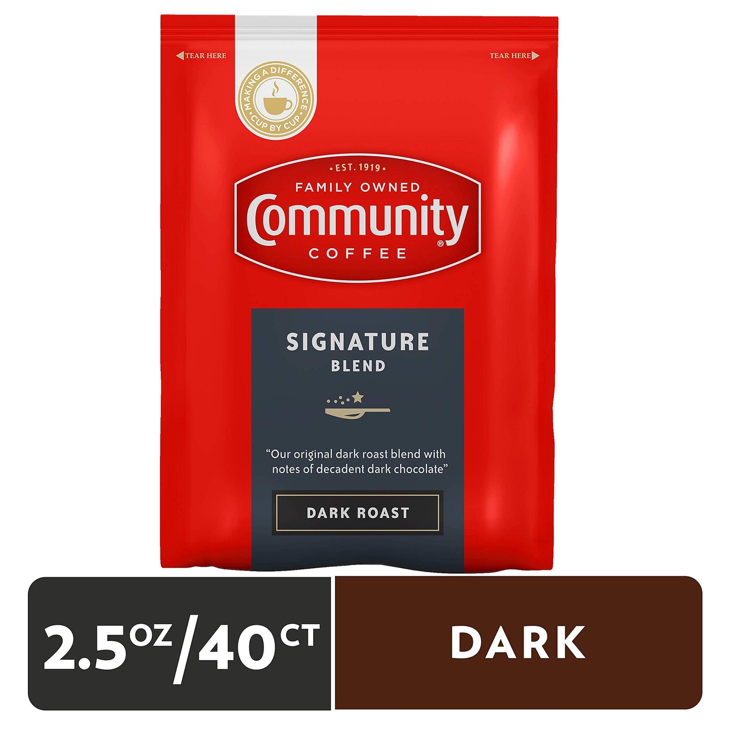 Community Coffee Signature Blend Dark Roast Coffee Packs, 2.5 Ounce Each, Box of 40, Model CCI15300