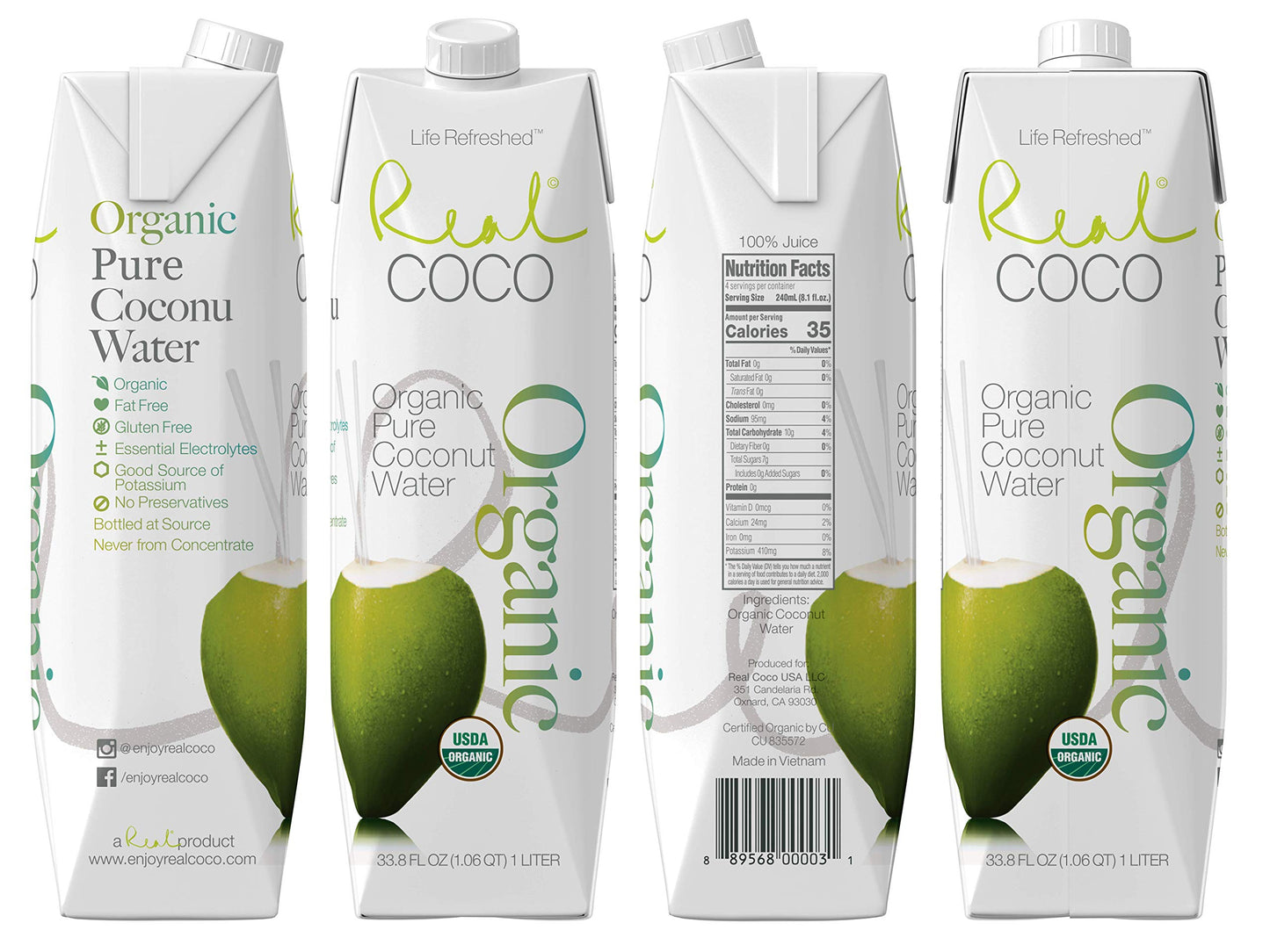 Life Refreshed Organic Coconut Water (6-Pack 1L) - USDA Organic, No Added Sugar, Vegan, Electrolytes, Plant-Based, 33.8 Fl Oz