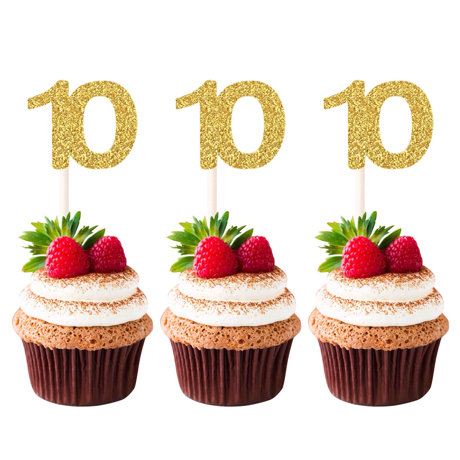 Unimall 24 Pieces Number 10 Cupcake Toppers, Gold Glitter 10Th Birthday Cupcake Picks Mini Cake Decorations For 10 Years Old Bir