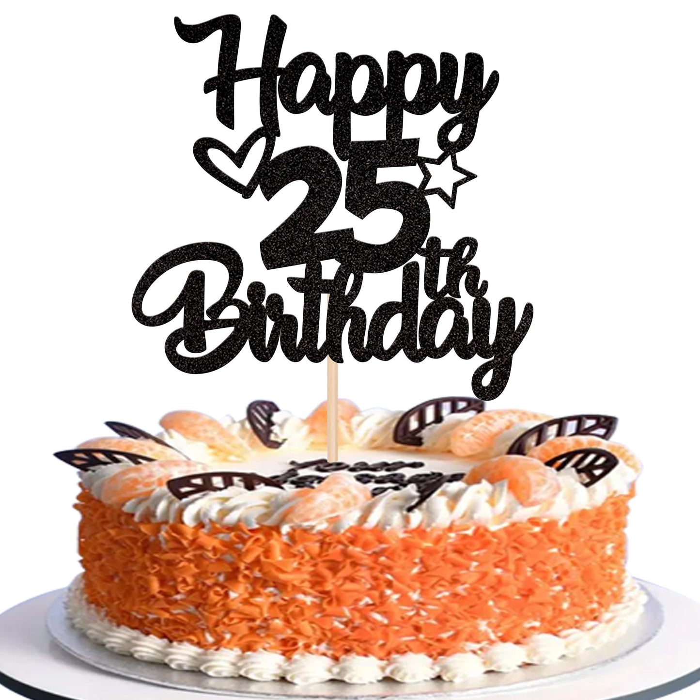 YCTHUNFISH 25th Birthday Cake Topper Glitter Heart Star Decoration Black Bamboo