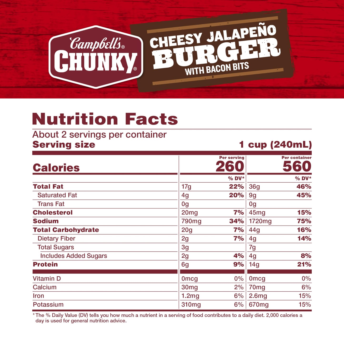 Campbells Chunky Soup, Cheesy Jalapeo Burger With Bacon Bits, 18.8 Oz Can