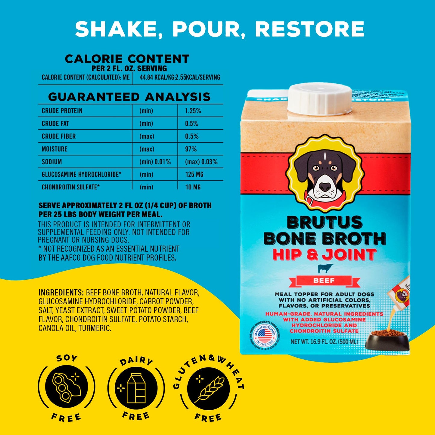 Brutus Bone Broth Dog Food Toppers - All Natural Bone Broth with Chondroitin & Turmeric, 16.9oz (Pack of 6)