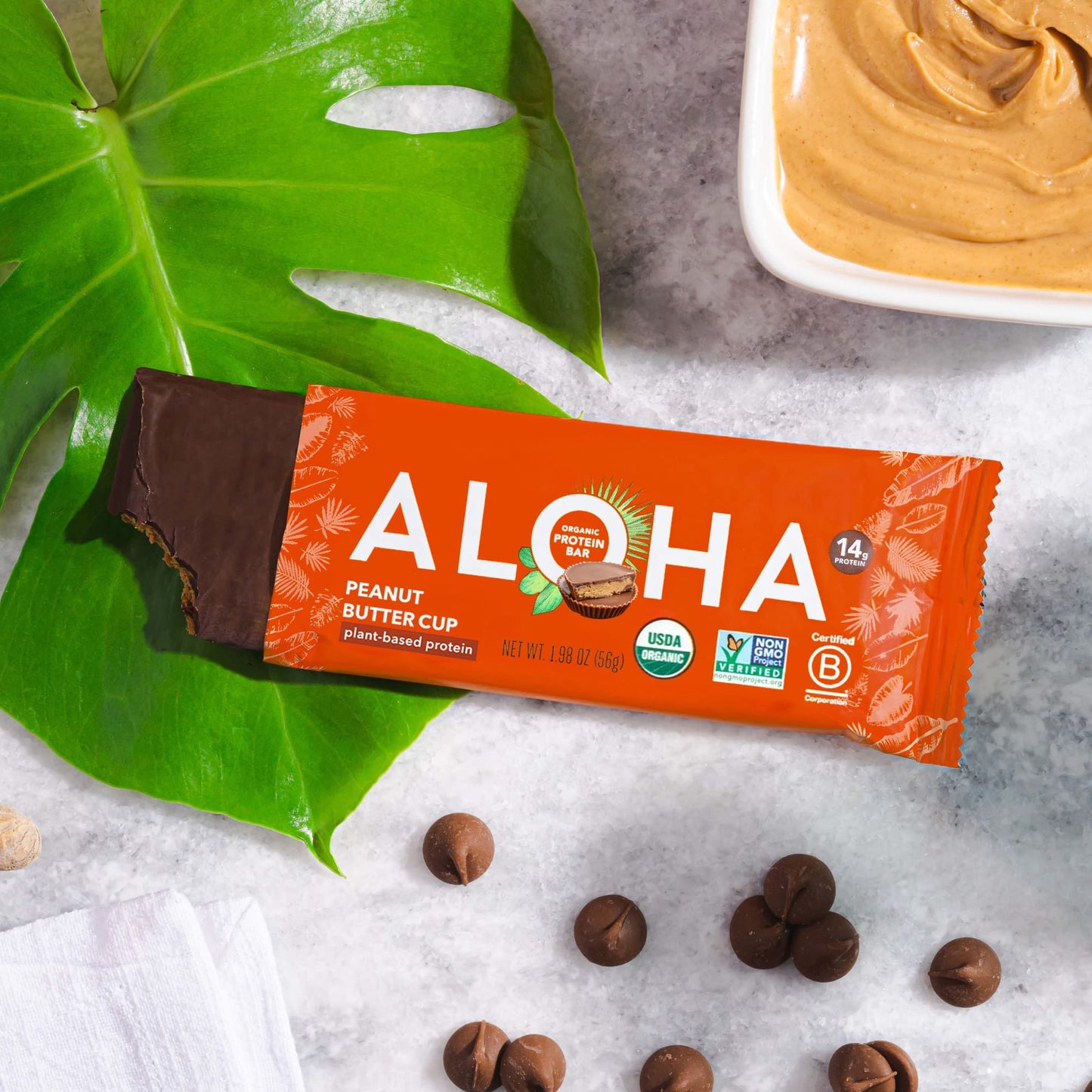 ALOHA Organic Plant Based Protein Bars - Peanut Butter Cup Bar - 12 Bars, Vegan, Low Sugar, Gluten-Free, Low Carb, Non-GMO, No S