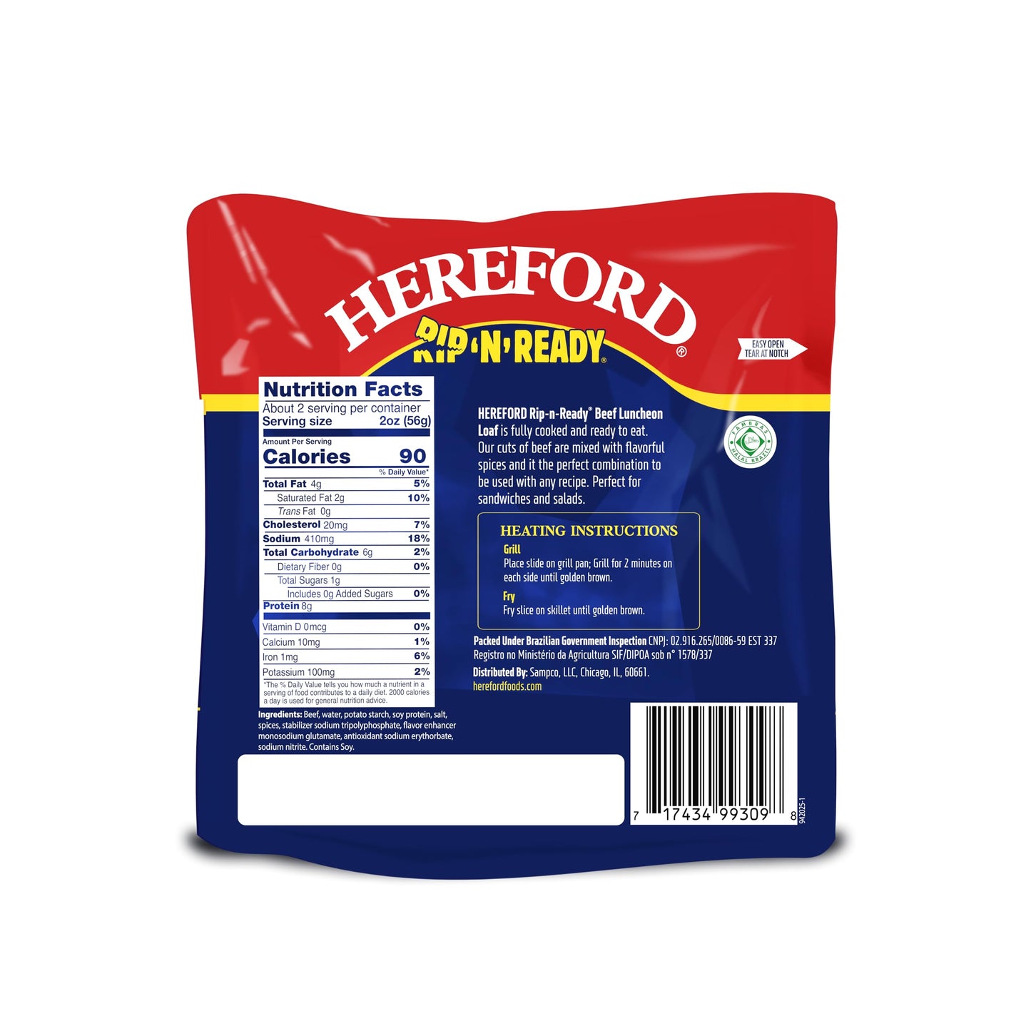 HEREFORD Beef Luncheon Loaf - Shelf Stable, Fully Cooked, 8g Protein - 3.5oz Pouch (Case of 24)
