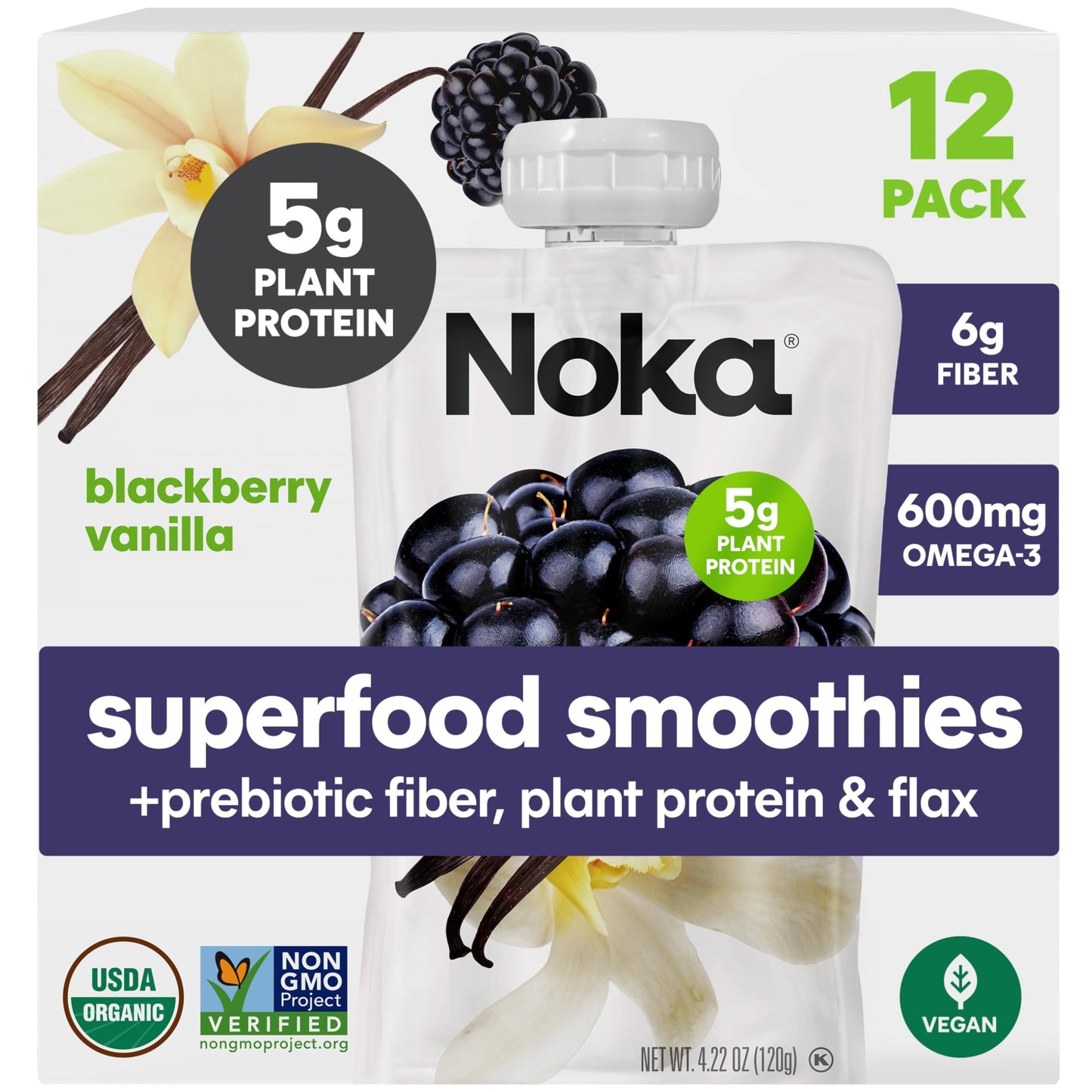 NOKA Superfood Fruit Smoothie Pouches, Blackberry Vanilla, Vegan, Gluten Free, 4.22 oz, Pack of 12