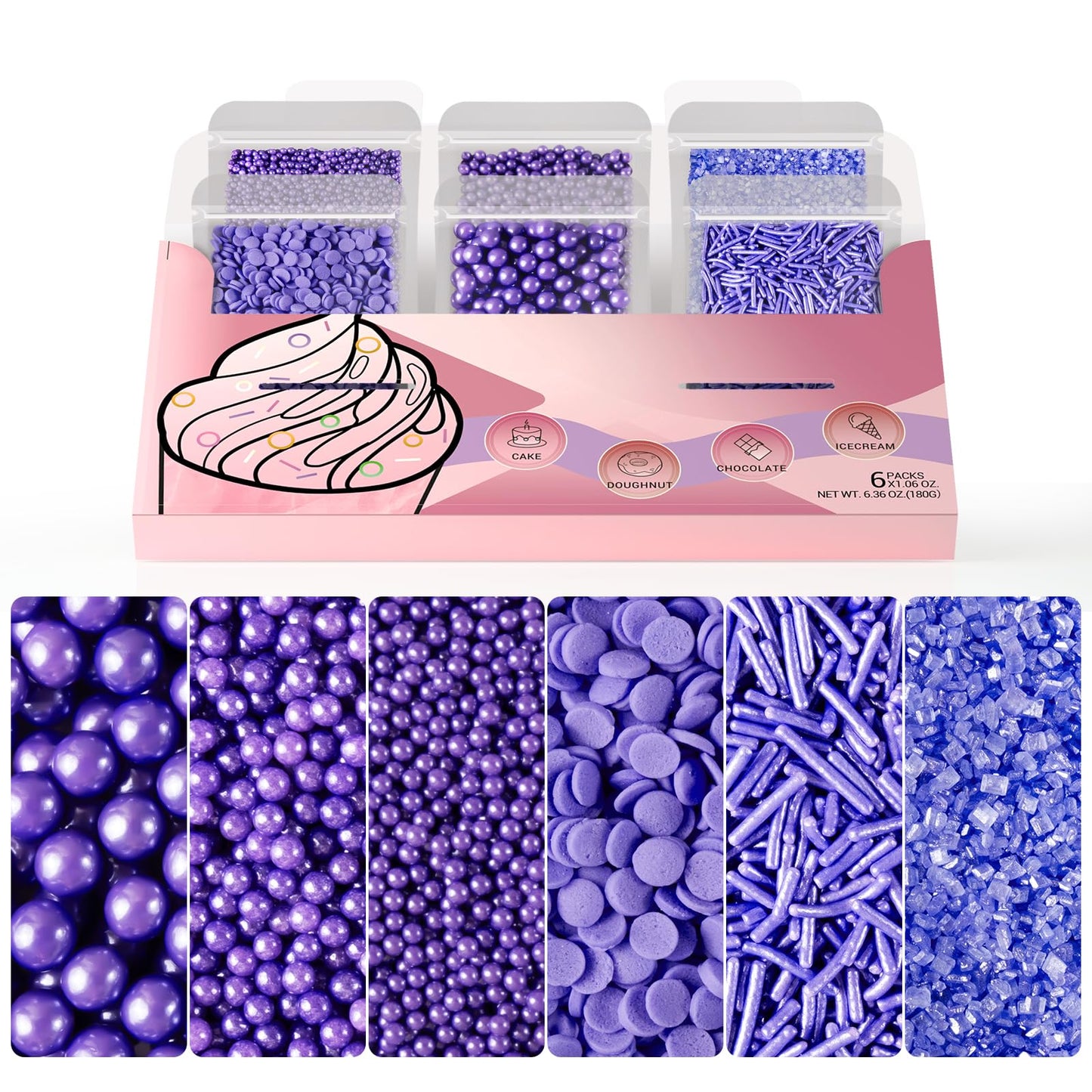 HUEBEATY 6-in-1 Purple Edible Pearls Sprinkles, Sanding Sugar for Cake Decorating, Cupcakes, Cookies & Ice Cream - 180g, Edible 