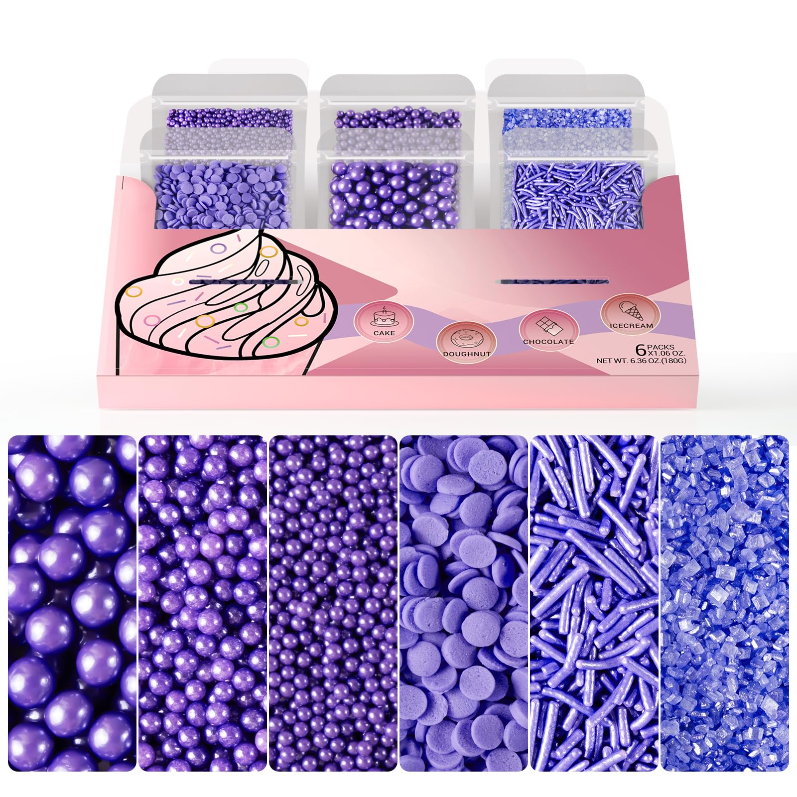 HUEBEATY 6-in-1 Purple Edible Pearls Sprinkles, Sanding Sugar for Cake Decorating, Cupcakes, Cookies & Ice Cream - 180g, Edible 