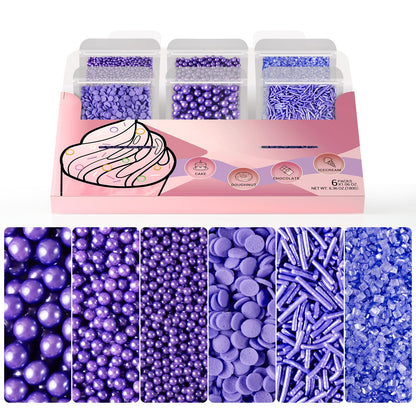 HUEBEATY 6-in-1 Purple Edible Pearls Sprinkles, Sanding Sugar for Cake Decorating, Cupcakes, Cookies & Ice Cream - 180g, Edible 
