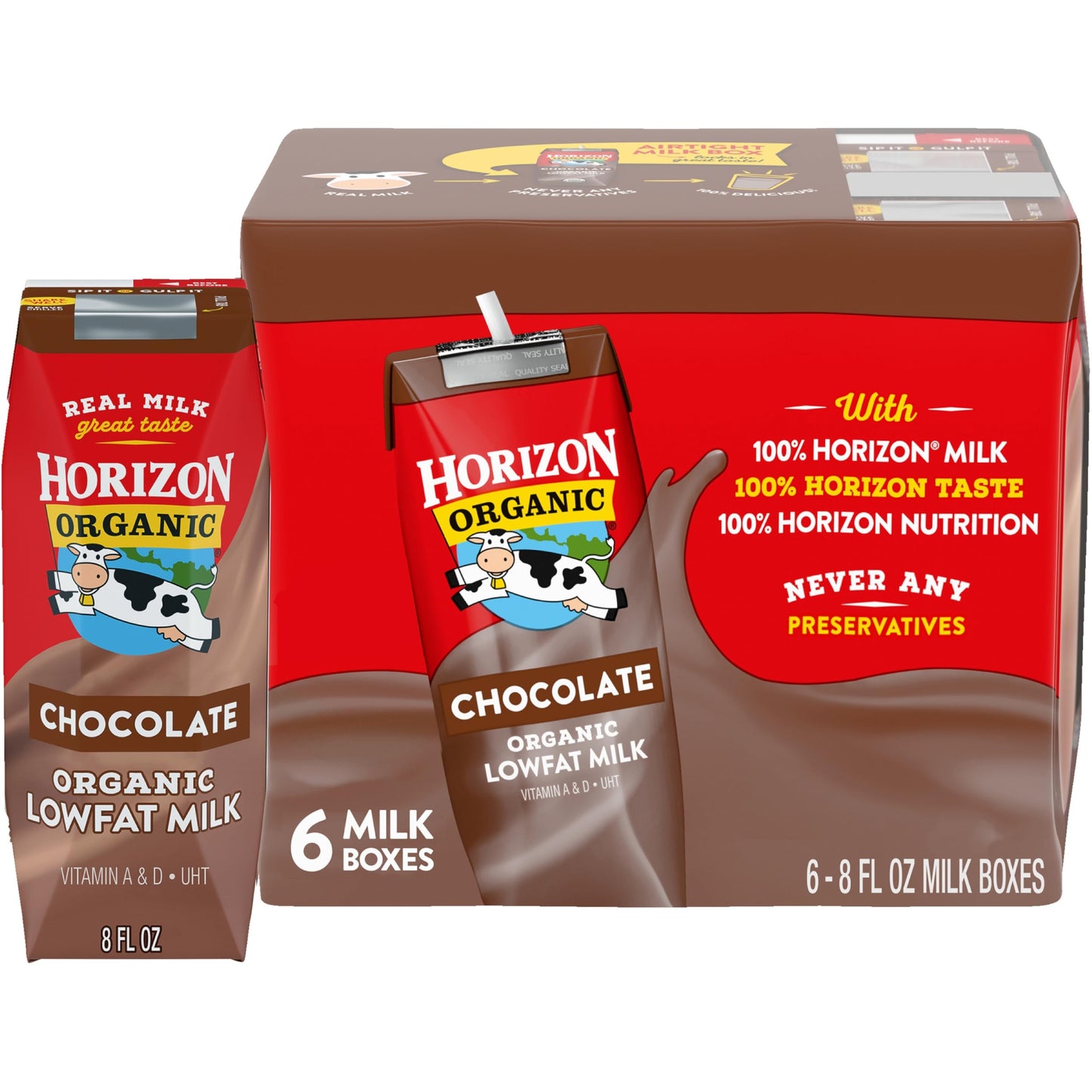 Horizon Organic Shelf Stable 1% Lowfat Chocolate Milk Boxes, 8 fl oz, 6 Count - 8g Protein per Serving, USDA Organic UHT from Pa