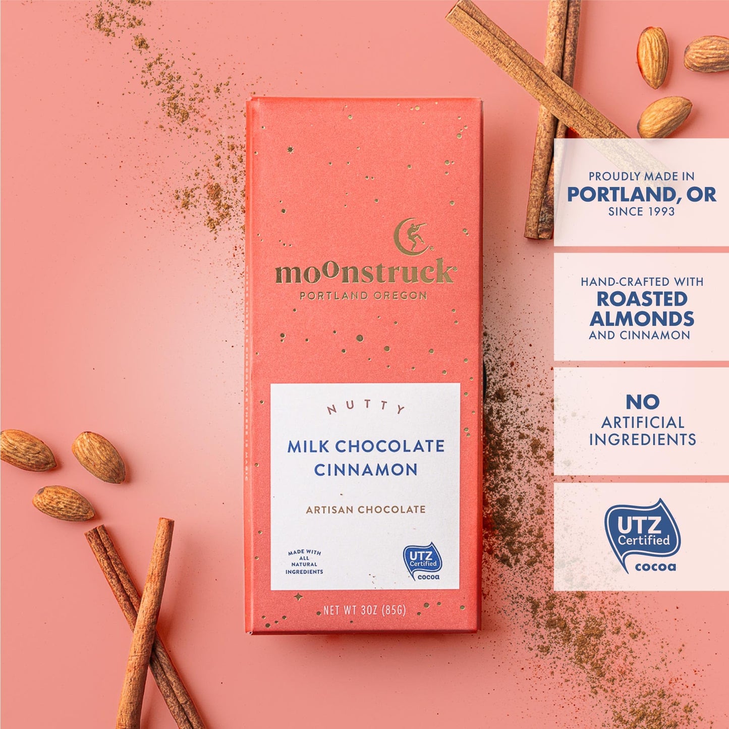 Moonstruck Chocolate Milk Chocolate Bar With Cinnamon Vanilla And Almond, 31% Cacao, 3.0Oz (Pack Of 4)