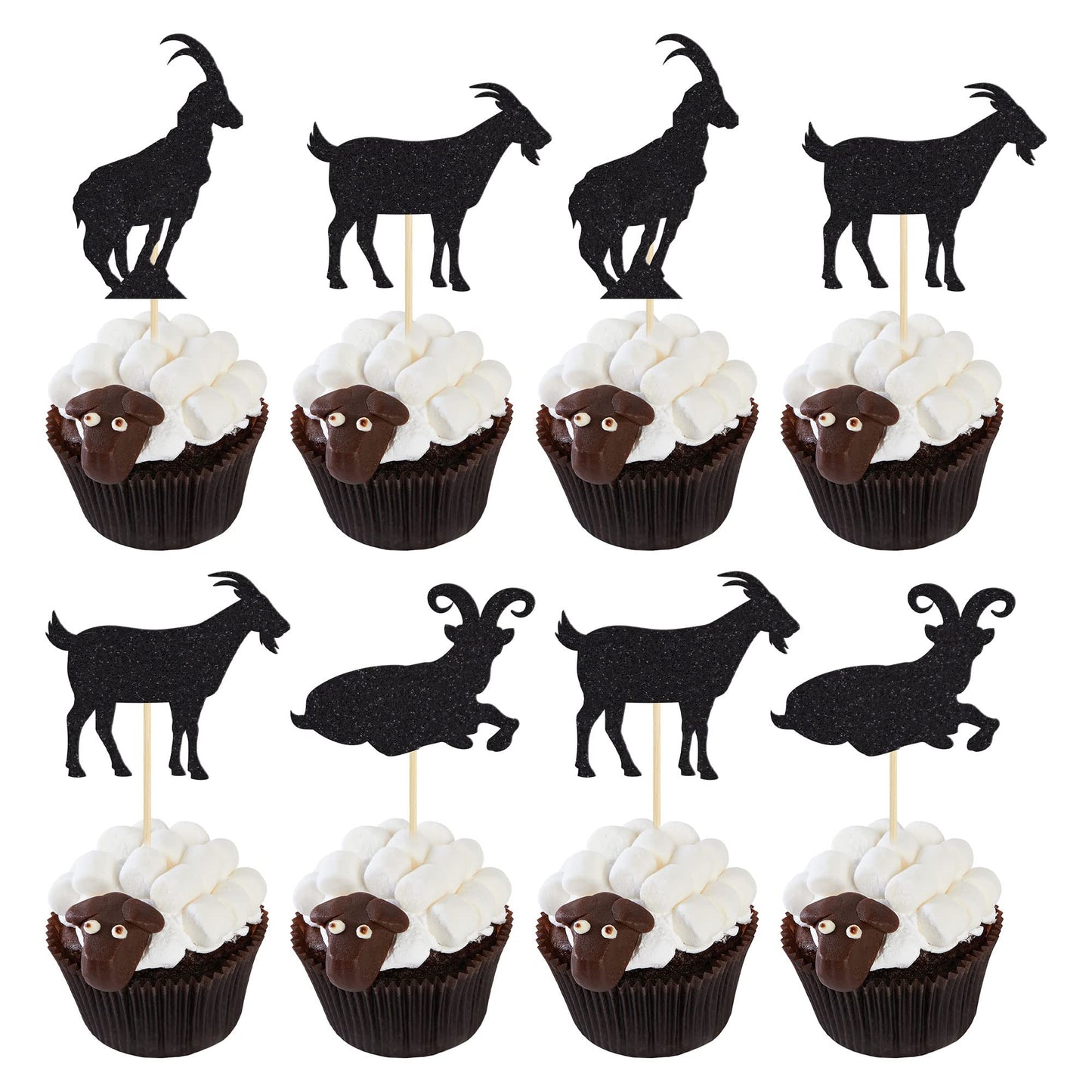 Gyufise 24Pcs Goat Cupcake Toppers Black Glitter Sheep Cupcake Picks Animal Goat Cake Decorations For Baby Shower Kids Birthday