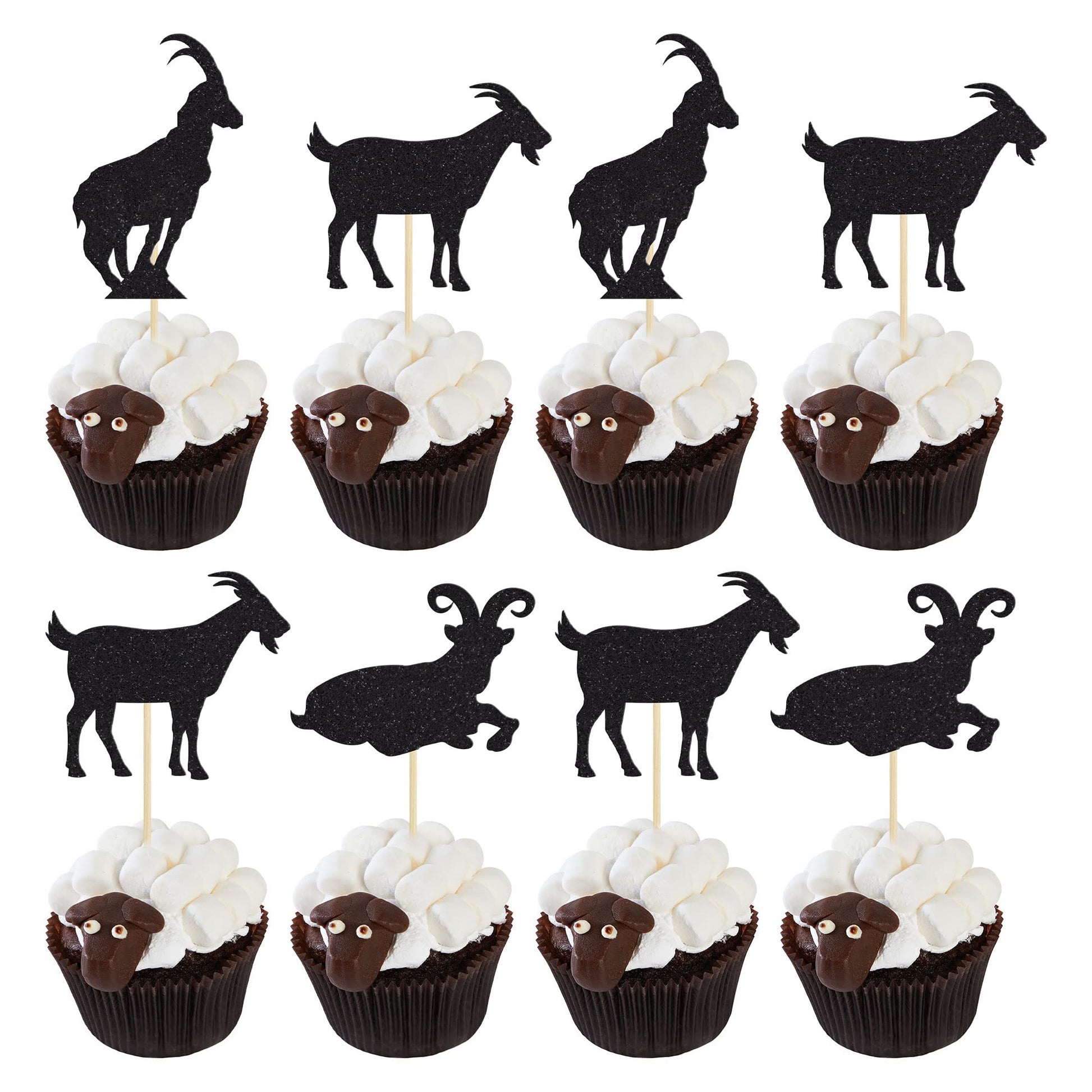 Gyufise 24Pcs Goat Cupcake Toppers Black Glitter Sheep Cupcake Picks Animal Goat Cake Decorations For Baby Shower Kids Birthday