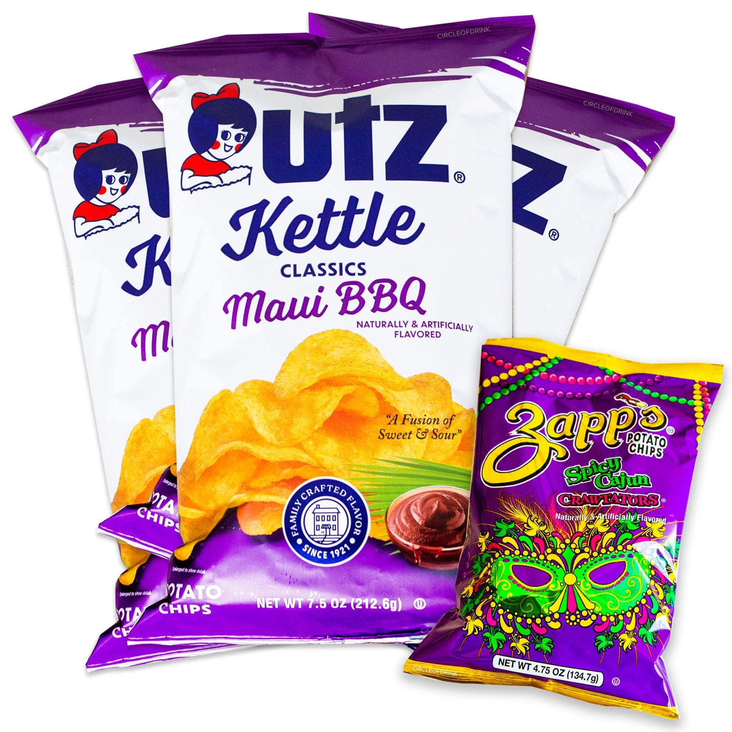 Utz Maui BBQ Kettle Chips (3. 7.5oz bags) - Sweet and Sour Fusion - Zapps Spicy Cajun Crawtators (1, 4.75oz) - 4 Items Total