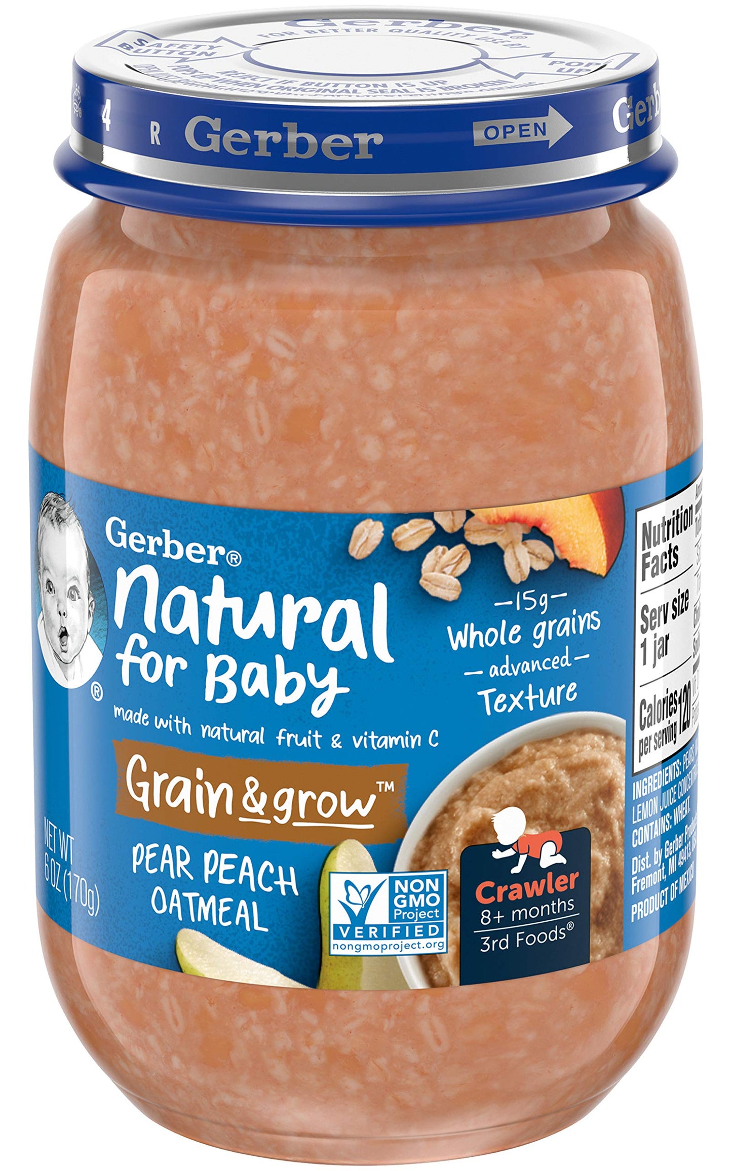 Gerber 3Rd Foods Natural For Baby Grain & Grow Baby Food Jar, Pear Peach Oatmeal, Made With Natural Fruit & Vitamin C With Advan