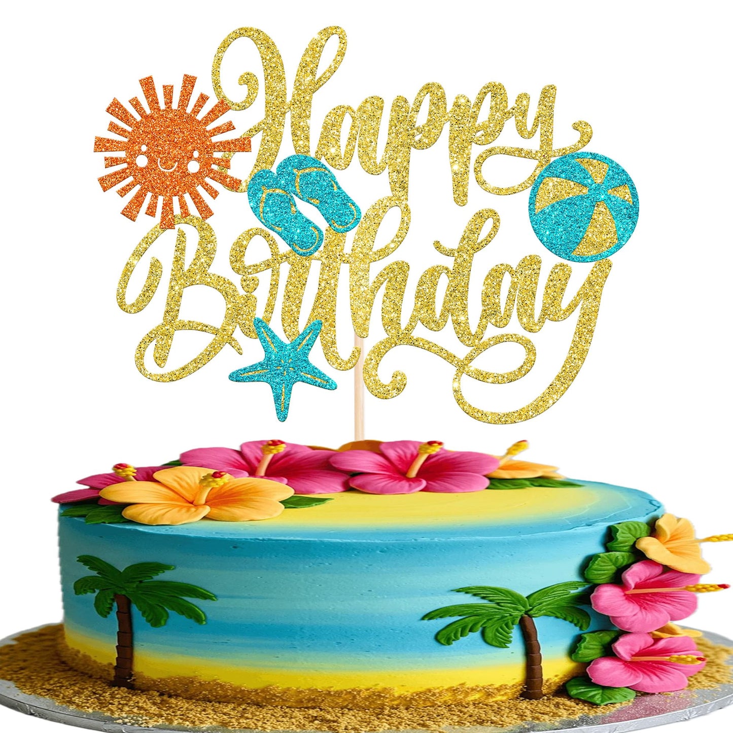 Rsstarxi Summer Beach Cake Topper - Slippers, Sun, Umbrella, Starfish, Gold, Hawaiian Theme, Birthday Party Decorations