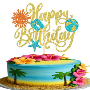 Rsstarxi Summer Beach Cake Topper - Slippers, Sun, Umbrella, Starfish, Gold, Hawaiian Theme, Birthday Party Decorations