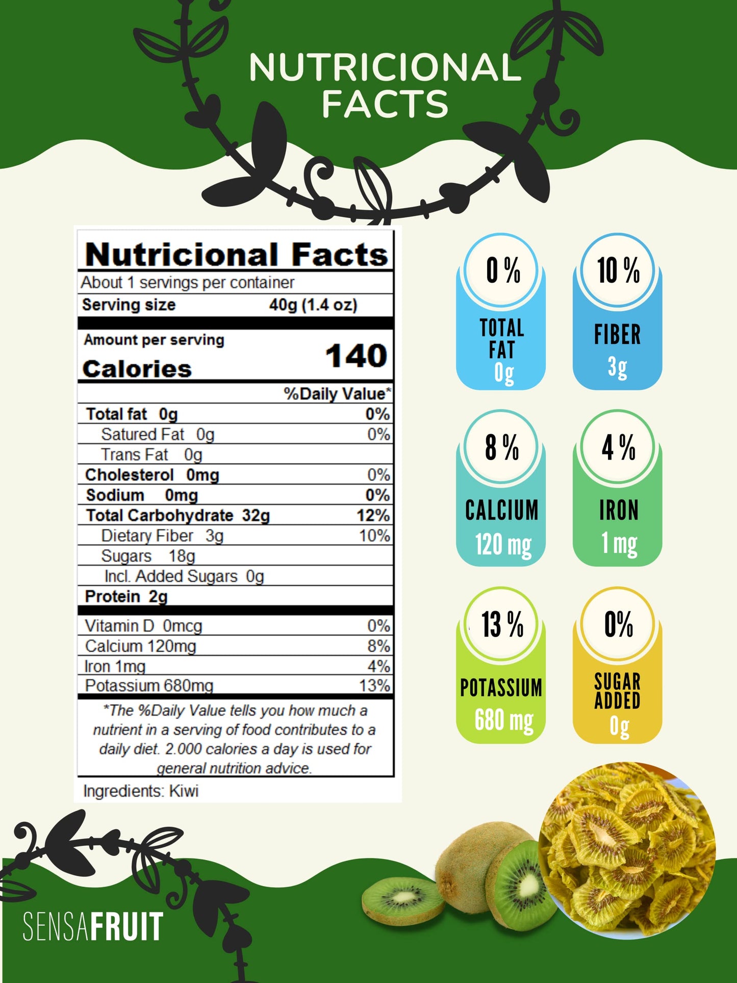 Sensafruit -Dried Kiwi - No Peel| 100% Natural | No Sugar Added, Unsulfured | Gluten Free | Perfect Snack For Your Family | Di