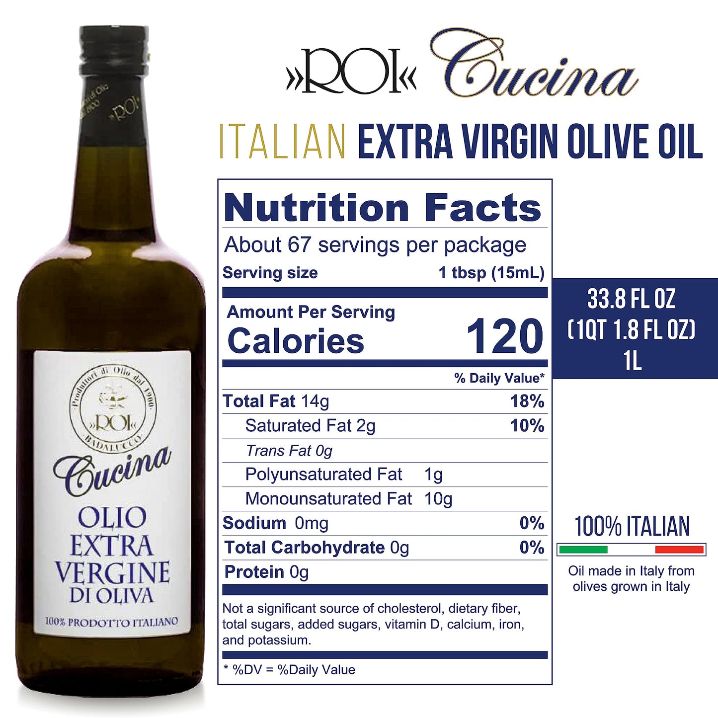 Roi Extra Virgin Olive Oil from Italy - Cucina Ligurian Olive Oil from Italy, First Cold Pressed, Pure, Polyphenol Rich EVOO, 34
