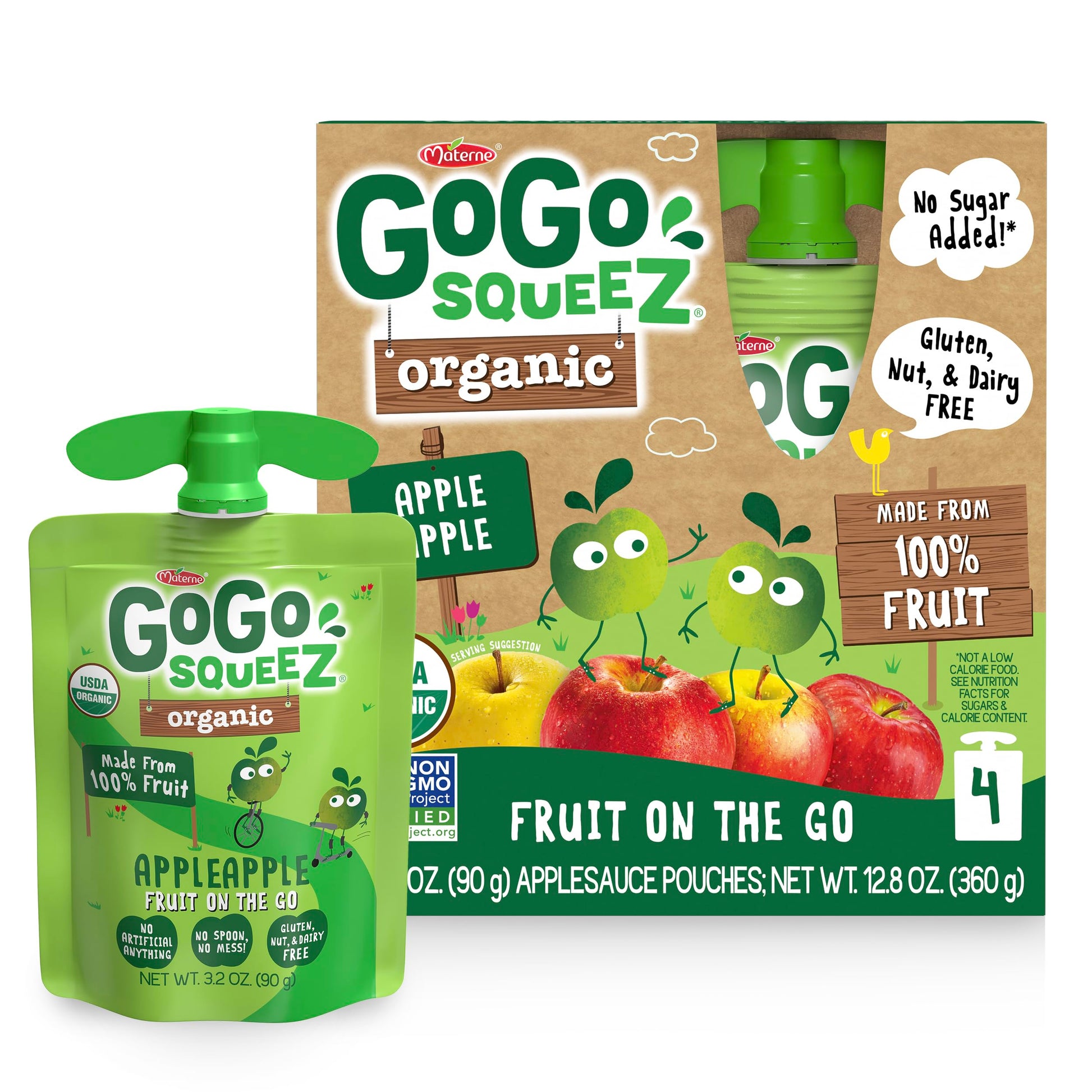 GoGo squeeZ Organic Applesauce and Fruit Puree, Apple Apple, 3.2 oz (Pack of 4), Unsweetened Organic Fruit Snacks for Kids, Gluten Free, Nut Free and Dairy Free, Recloseable Cap, BPA Free Pouches
