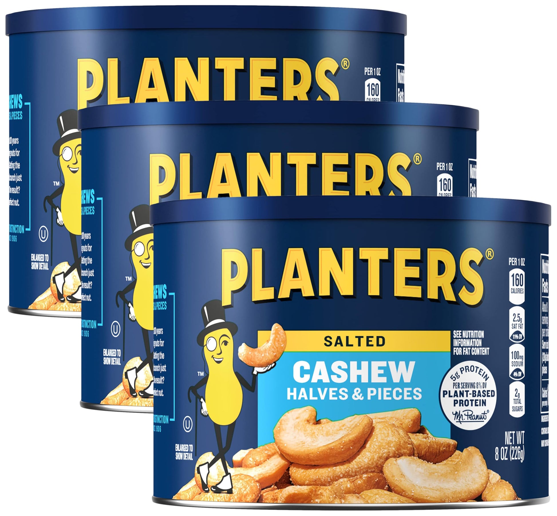 PLANTERS Salted Cashew Halves & Pieces, Party Snacks, Plant-Based Protein 8oz (1 Canister) (Pack of 3)