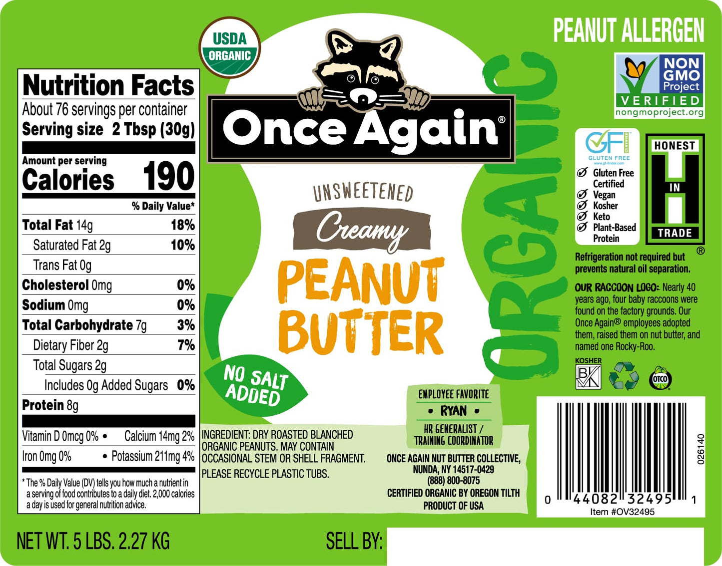 Once Again Organic Creamy Peanut Butter, 5lb Pantry Pal (same as 5 jars) - Salt Free, Unsweetened - USDA Organic, Gluten Free Ce