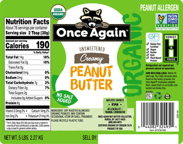 Once Again Organic Creamy Peanut Butter, 5lb Pantry Pal (same as 5 jars) - Salt Free, Unsweetened - USDA Organic, Gluten Free Ce
