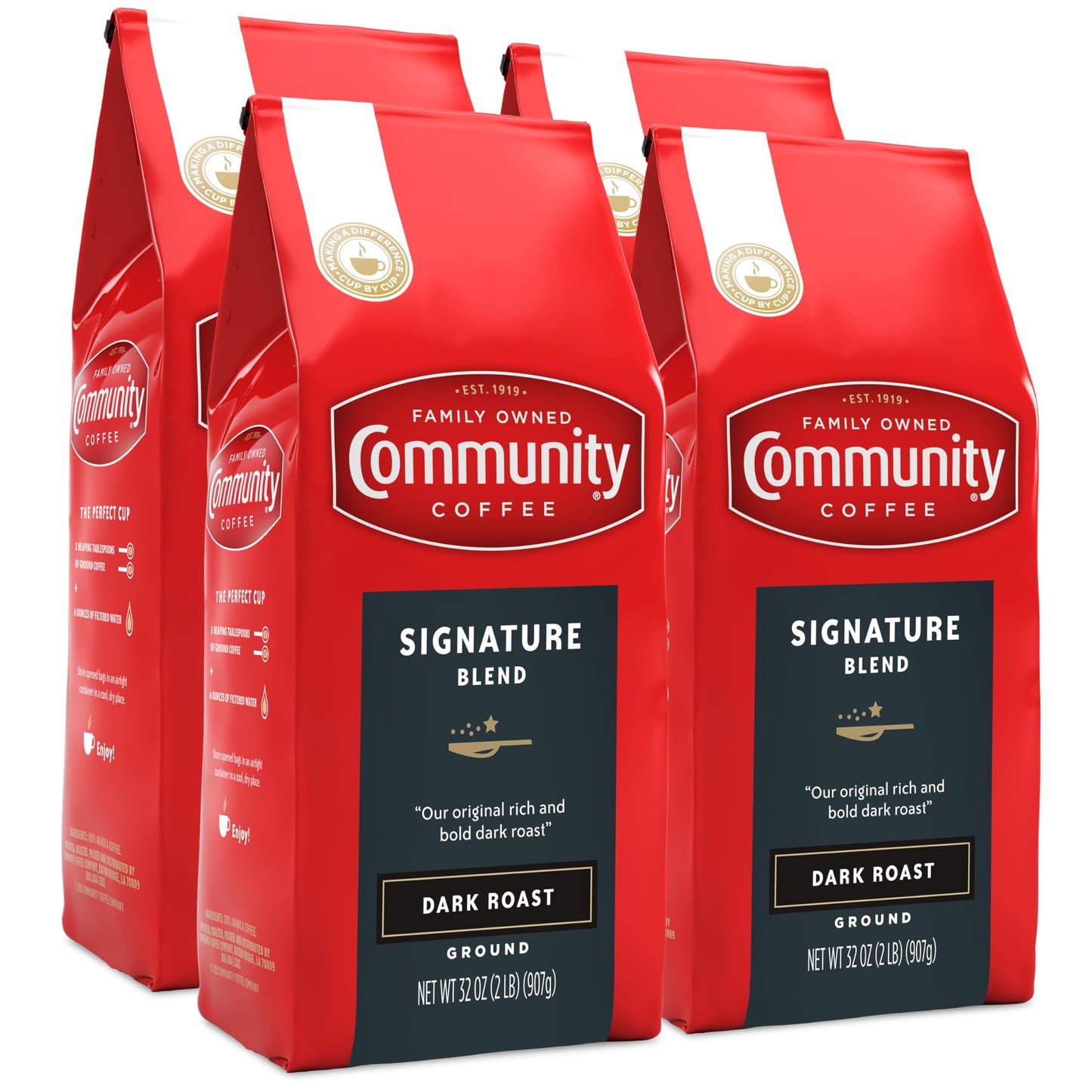 Community Coffee Signature Blend  128 Ounces Ground Coffee  Dark Roast  32 Ounce Bag (Pack of 4)