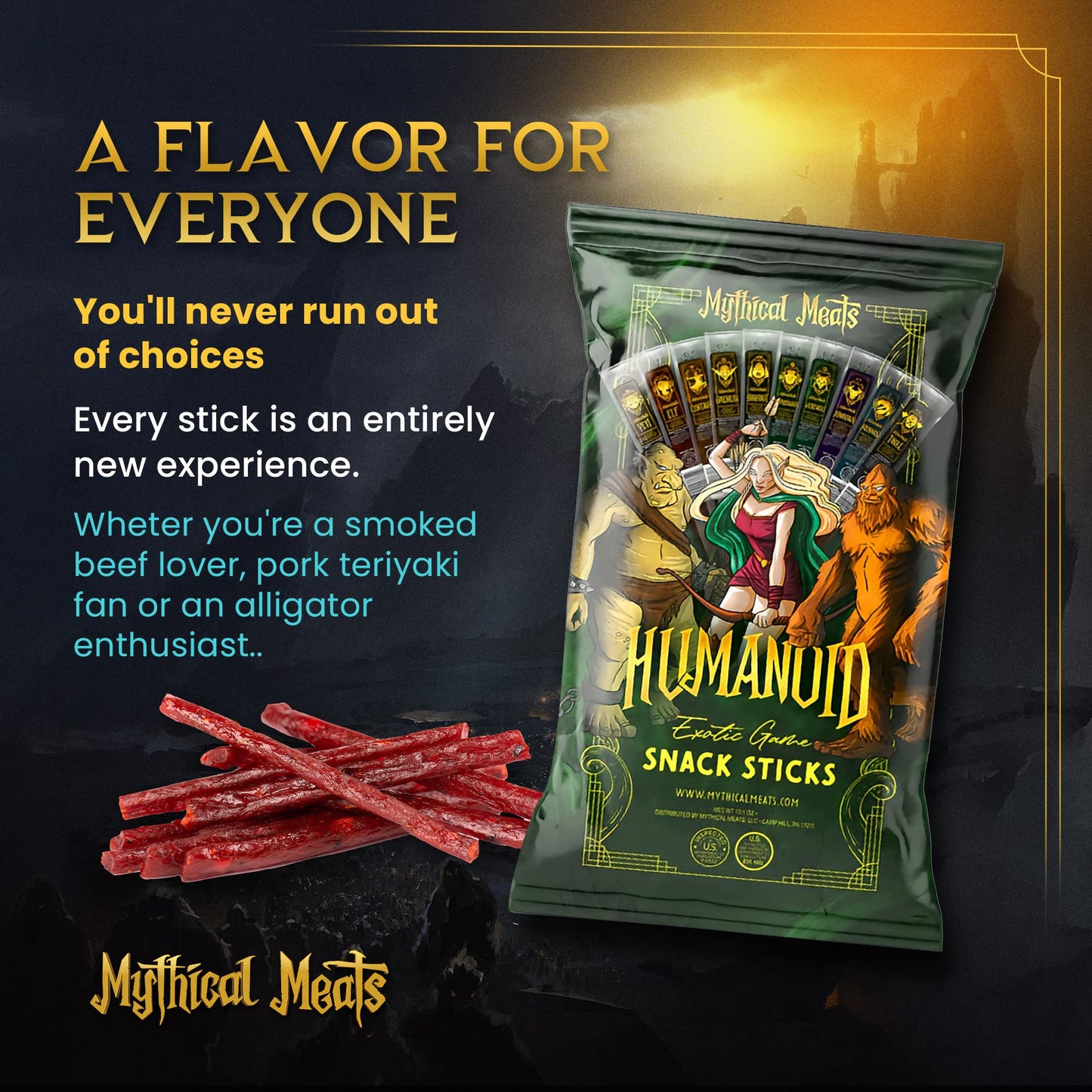 Mythical Meats Humanoid Exotic Game & Beef Sticks - Individually Wrapped Beef Jerky Sticks - Keto Friendly High Protein Meat Sna