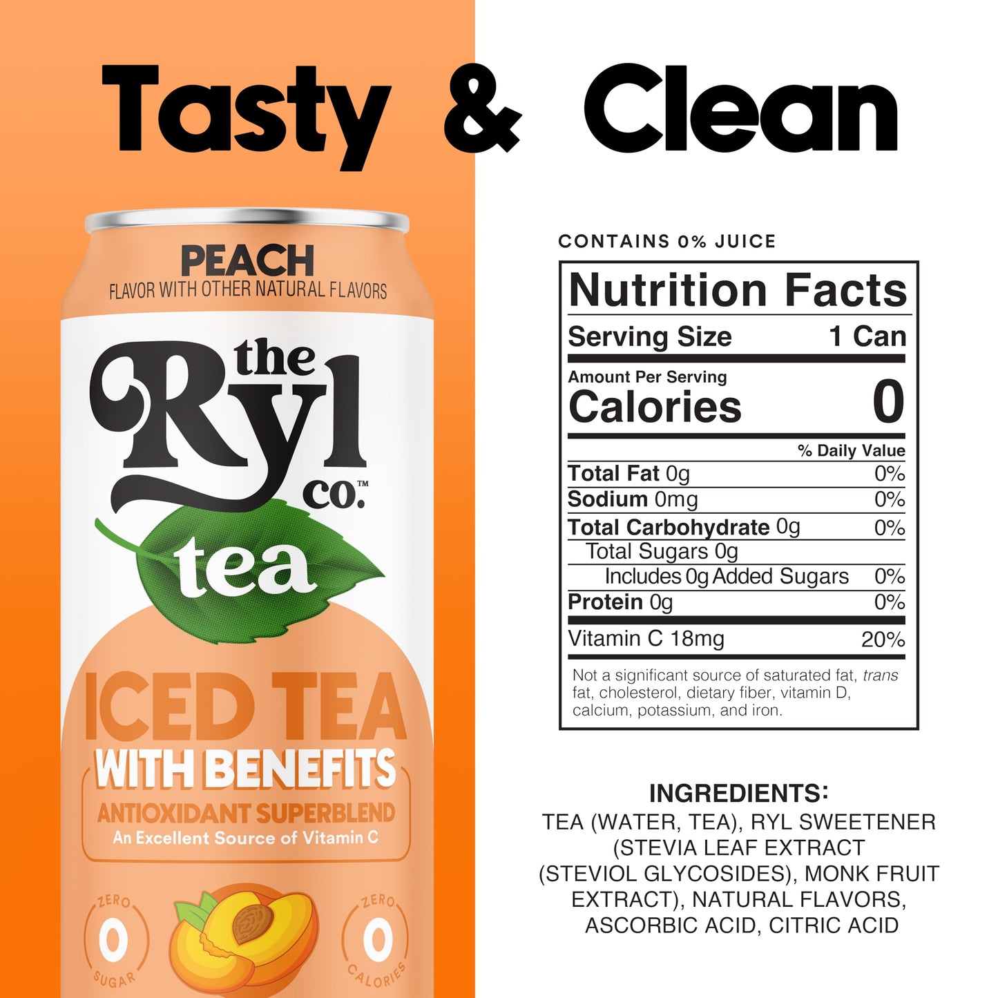 Ryl Iced Tea, Peach, Antioxidant Superblend, Zero Sugar, Low Carb, Zero Calorie Iced Tea, 16.0 Fl Oz (12-Pack)