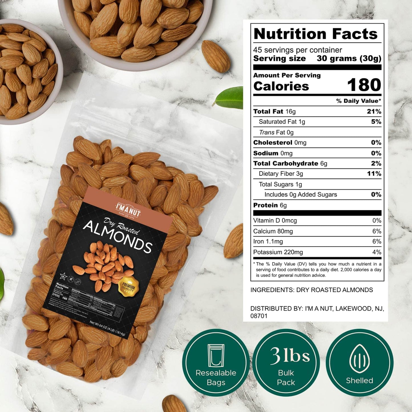Dry Roasted Almonds Unsalted 48 Oz (3 Lbs) Batch Tested Gluten & Peanut Free | No Oil | Whole | No Ppo | Non-Gmo | No Herbicide