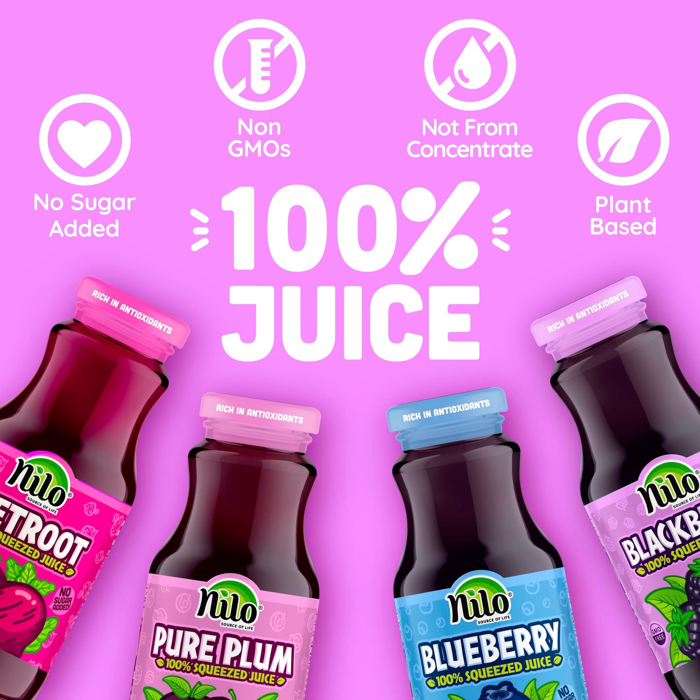 Nilo Variety Pack | 100% Squeezed Juice Blackberry Blueberry Plum Beetroot | No Sugar Added | Non Gmo | Not From Concentrate | 8