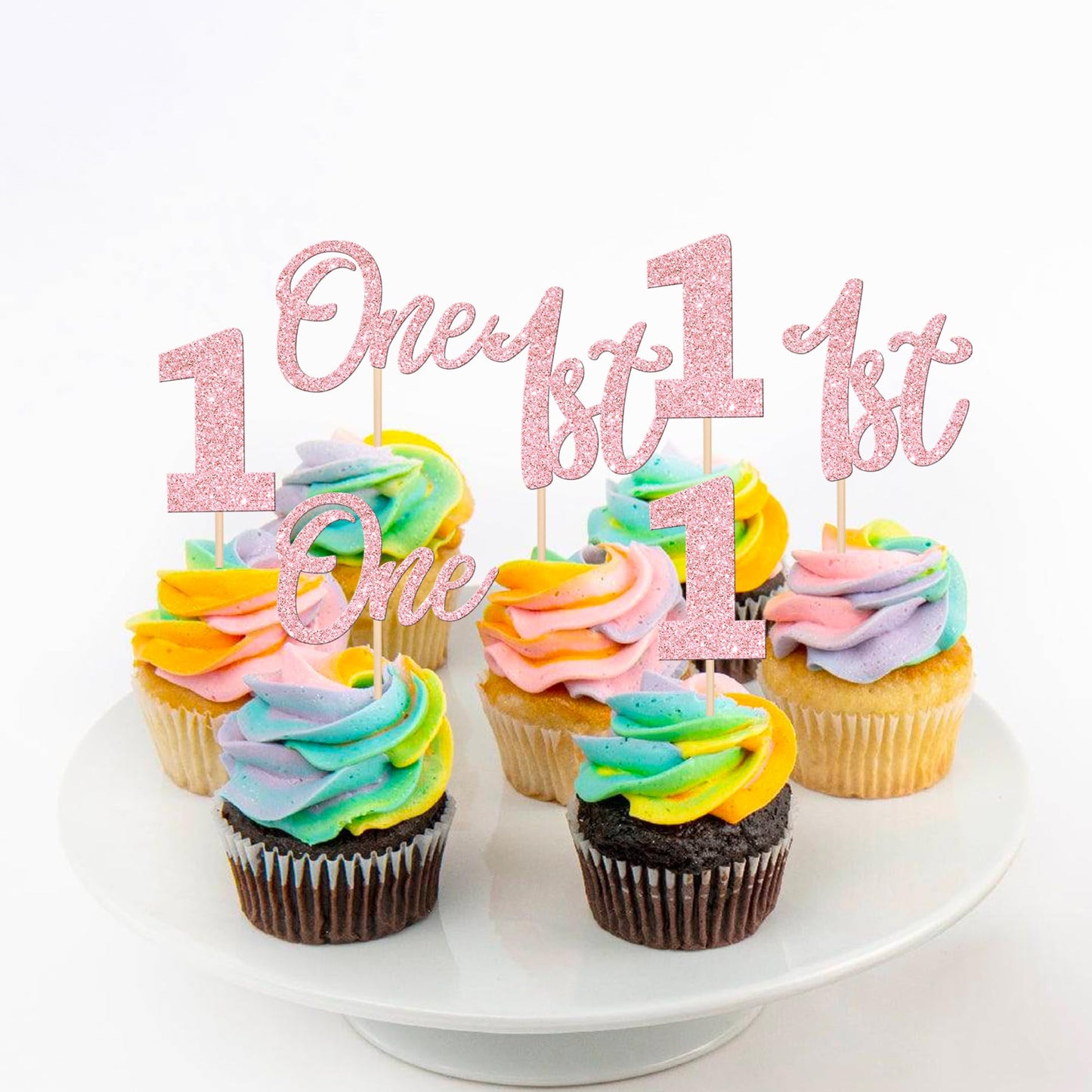 24 Pcs One Cupcake Toppers Glitter 1St Birthday Cupcake Picks Number 1 First Birthday One Cake Decorations For Baby Shower Kids