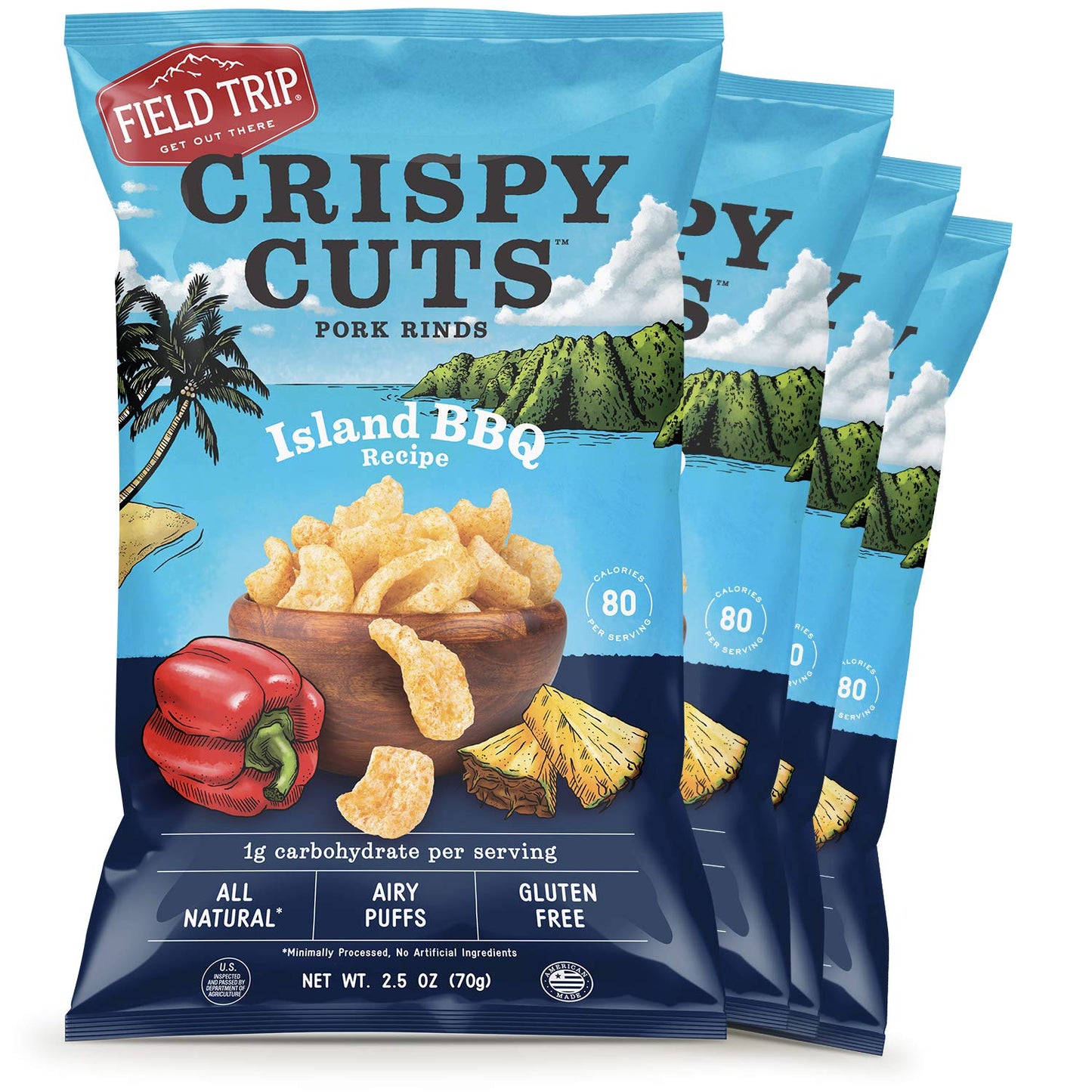 Field Trip Gluten Free Pork Rinds, Paleo And Keto Friendly Airy Puffs, Crunchy High Protein Snacks, Low Carb Snack From Back Pork Skins, 2.5Oz Bag, 4 Pack, Island Bbq, Holiday & Christmas Gift Item