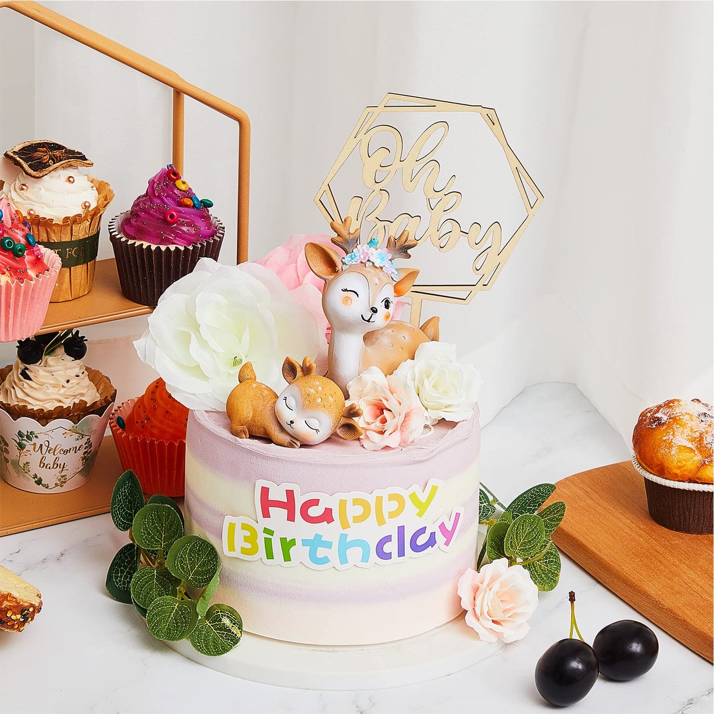 12 Pcs Woodland Deer Figurines Cake Toppers Baby Deer Cake Topper Baby Cake Decorations With Faux Flowers Eucalyptus For Baby Sh