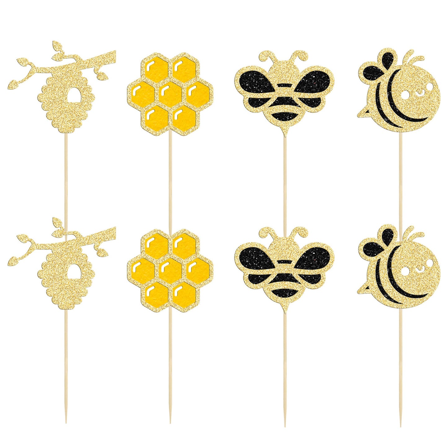 Gyufise 24Pcs Bumble Bee Cupcake Toppers Glitter Heart Honeycomb Bee Cupcake Picks Baby Shower Cake Decorations For Bee Theme Ba