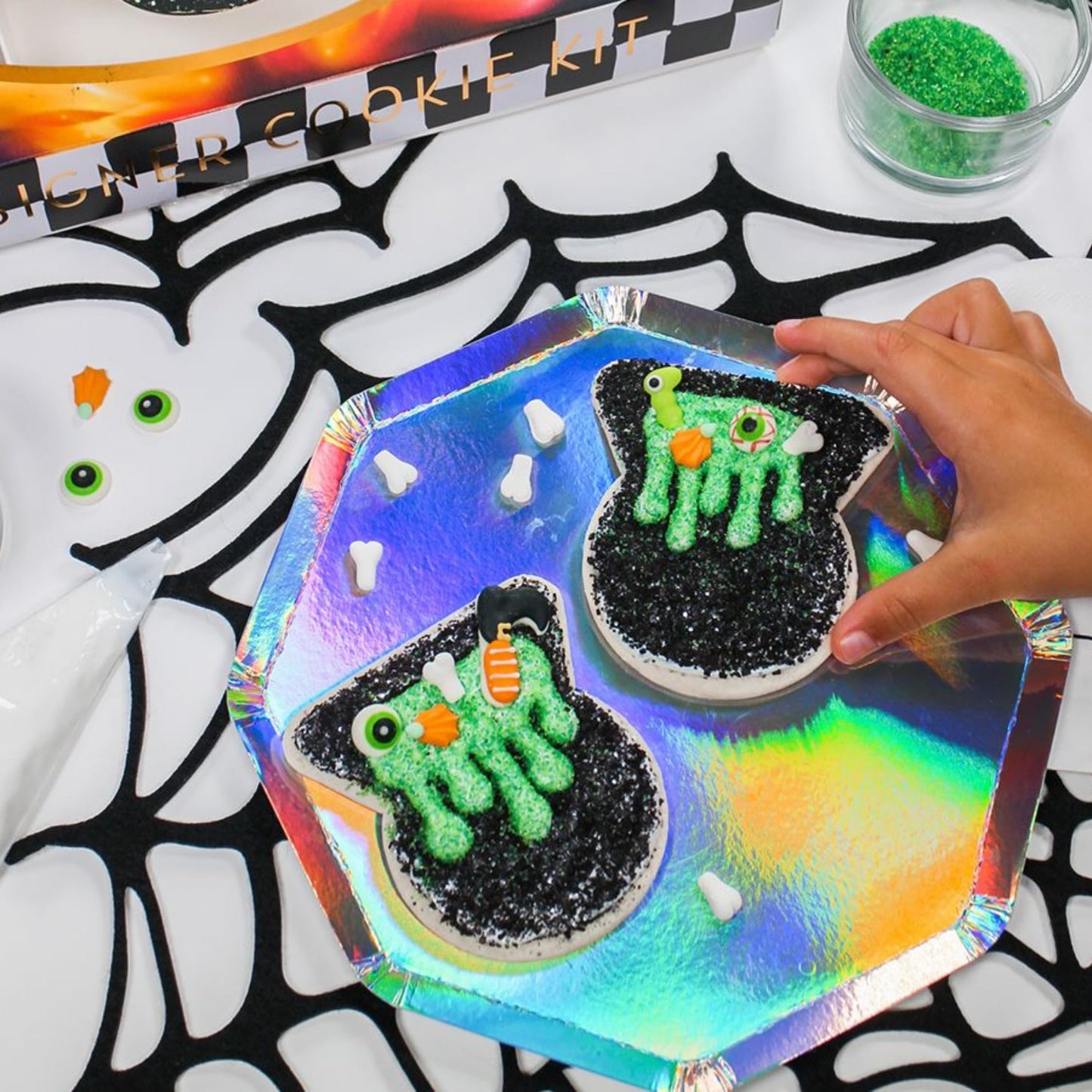 Cauldron Cookie Decorating Kit - Halloween Cookie Kit with 8 Pre-Baked Vanilla Cookies, White Icing, Glittery Sugar, Edible Acce