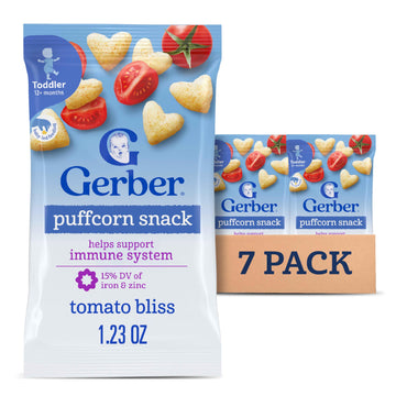Gerber Toddler Snacks, Tomato Bliss Puffcorn Snack, Kernel Free, Heart Shaped, Zinc And Iron Helps Support Immune System, Toddle