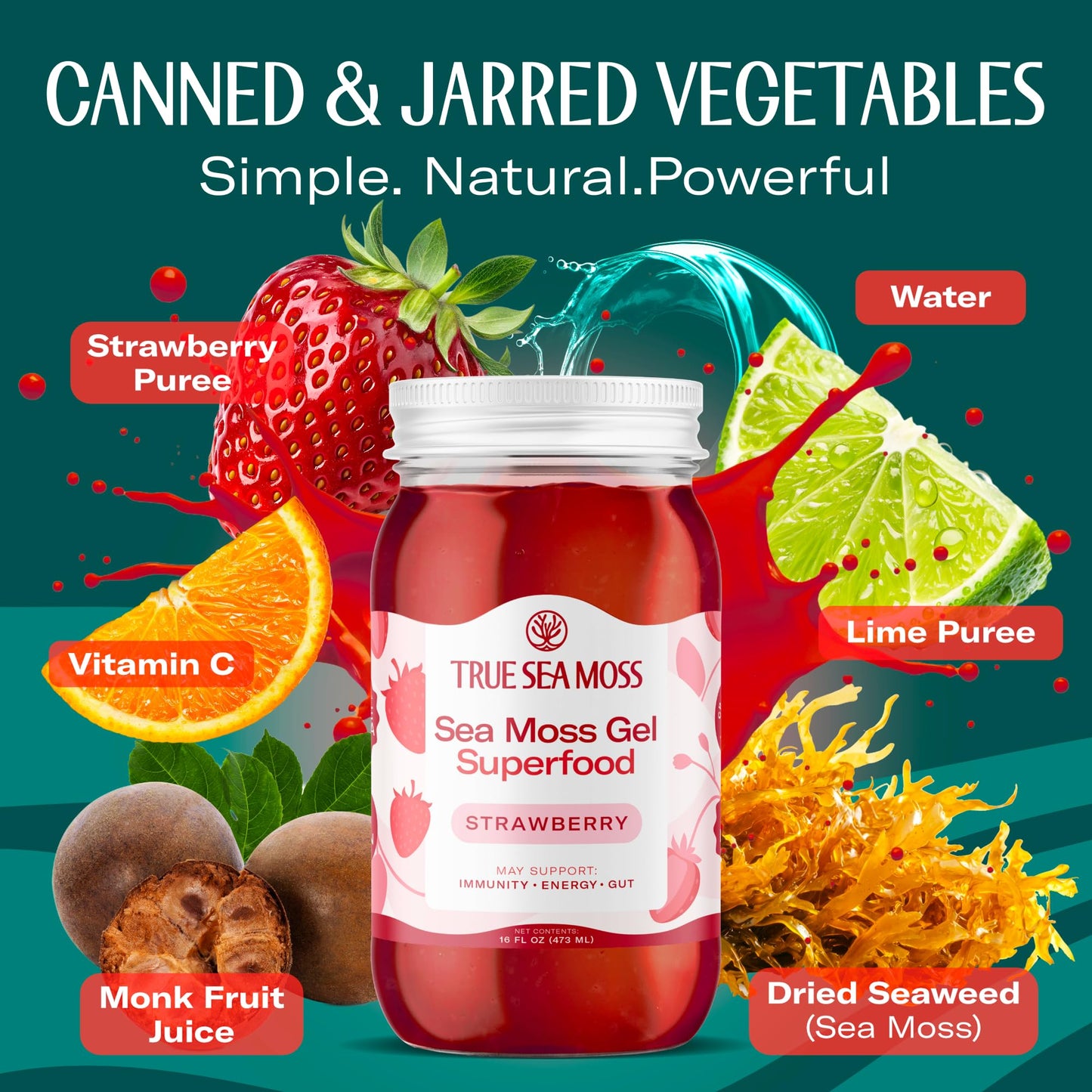 TrueSeaMoss Sea Moss Gel - Made in USA - Wildcrafted Seamoss  Fresh Fruits & Jarred Vegetables - Strawberry  Pack of 2 (Labels may Vary)
