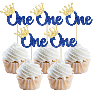 Gyufise 24Pcs First Birthday Cupcake Toppers Glitter Crown One Cupcake Picks Baby Shower 1St Birthday Cake Decorations Party Sup
