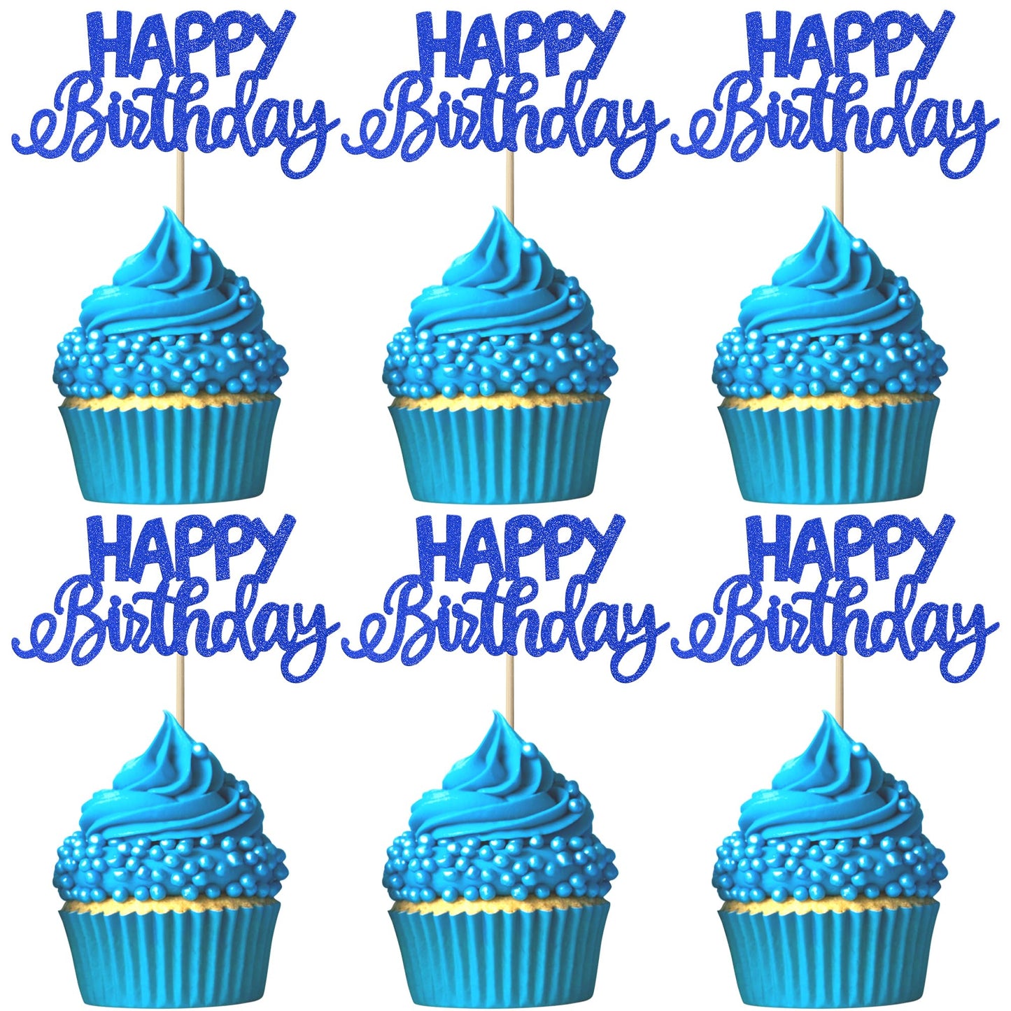 YCTHUNFISH 24 Pack Cupcake Toppers - Glitter Blue Bamboo Picks for Birthday Parties and Baby Showers