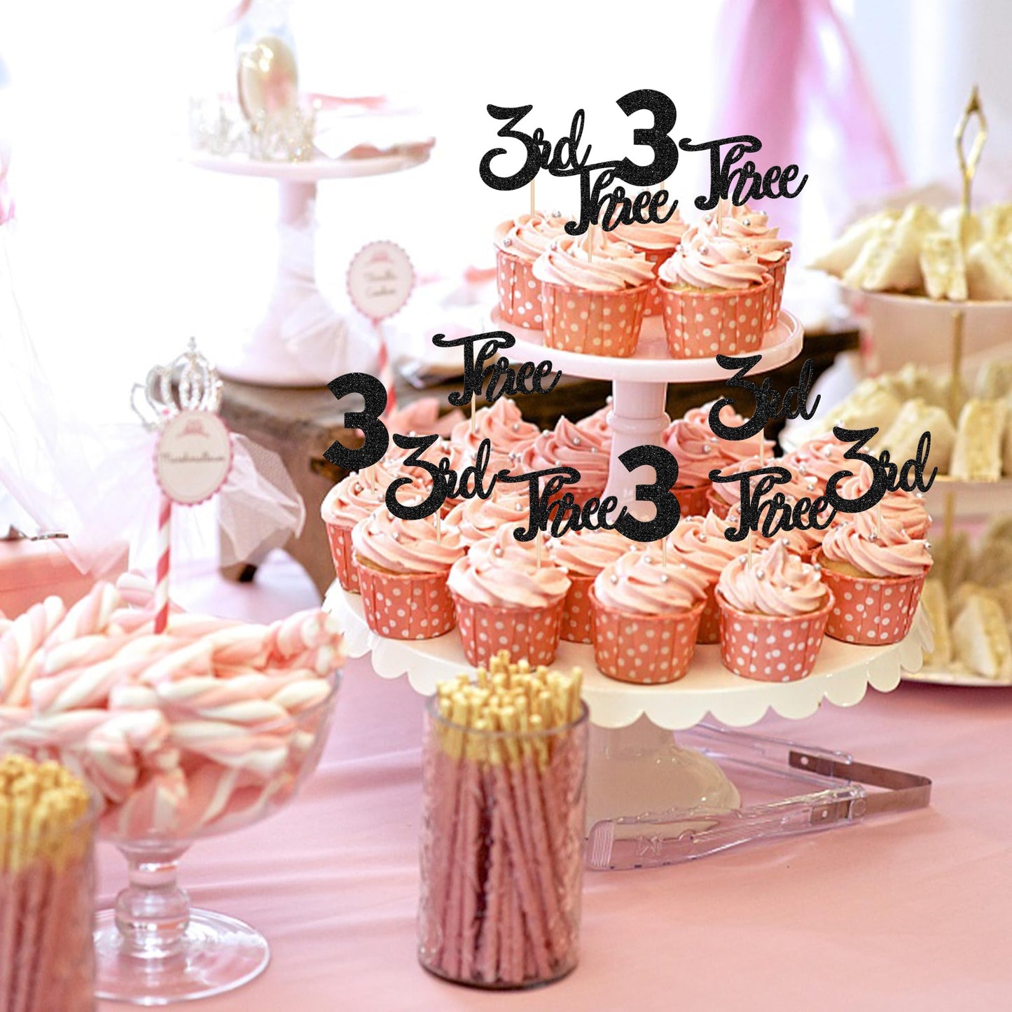 ZHUOWEISM 24 PCS Cupcake Toppers Glitter Number 3 Decorations for 3rd Birthday Baby Shower, Black Paper