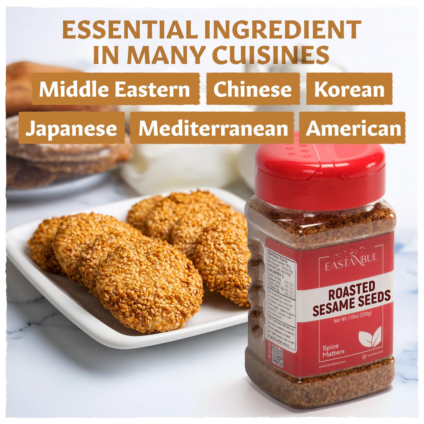 Eastanbul Toasted Sesame Seeds, 7.05Oz, Turkish Roasted White Sesame Seeds, Perfect For Baking, Cooking, Dressing, And Seasoning