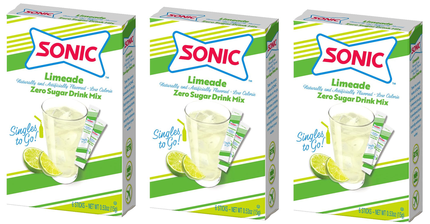 SINGLES TO GO! Sonic Limeade Drink Mix - 3 Boxes with 3 Packets Each, Total 18 Packets, 0.53 Ounce (Pack of 3)
