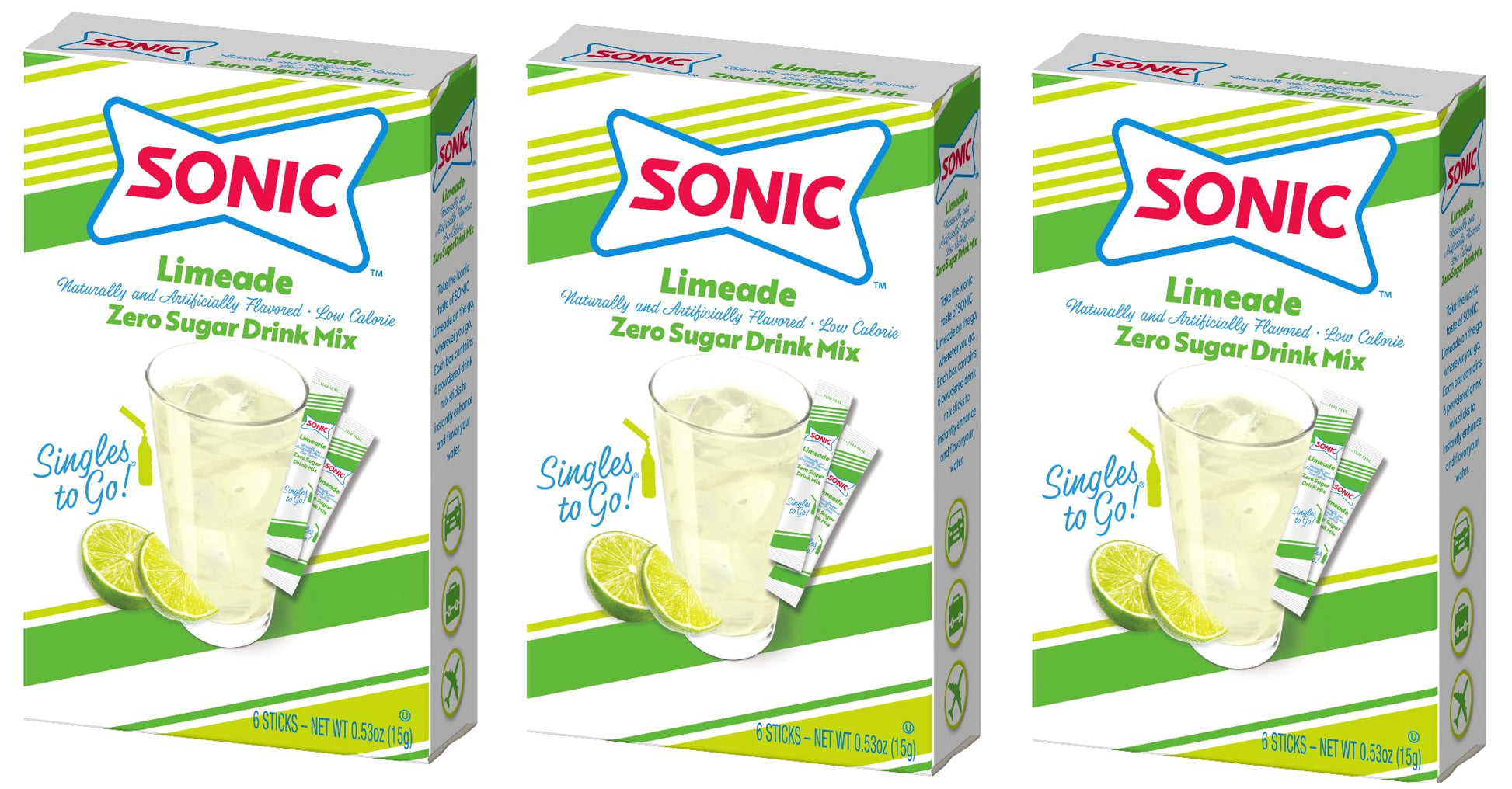 SINGLES TO GO! Sonic Limeade Drink Mix - 3 Boxes with 3 Packets Each, Total 18 Packets, 0.53 Ounce (Pack of 3)