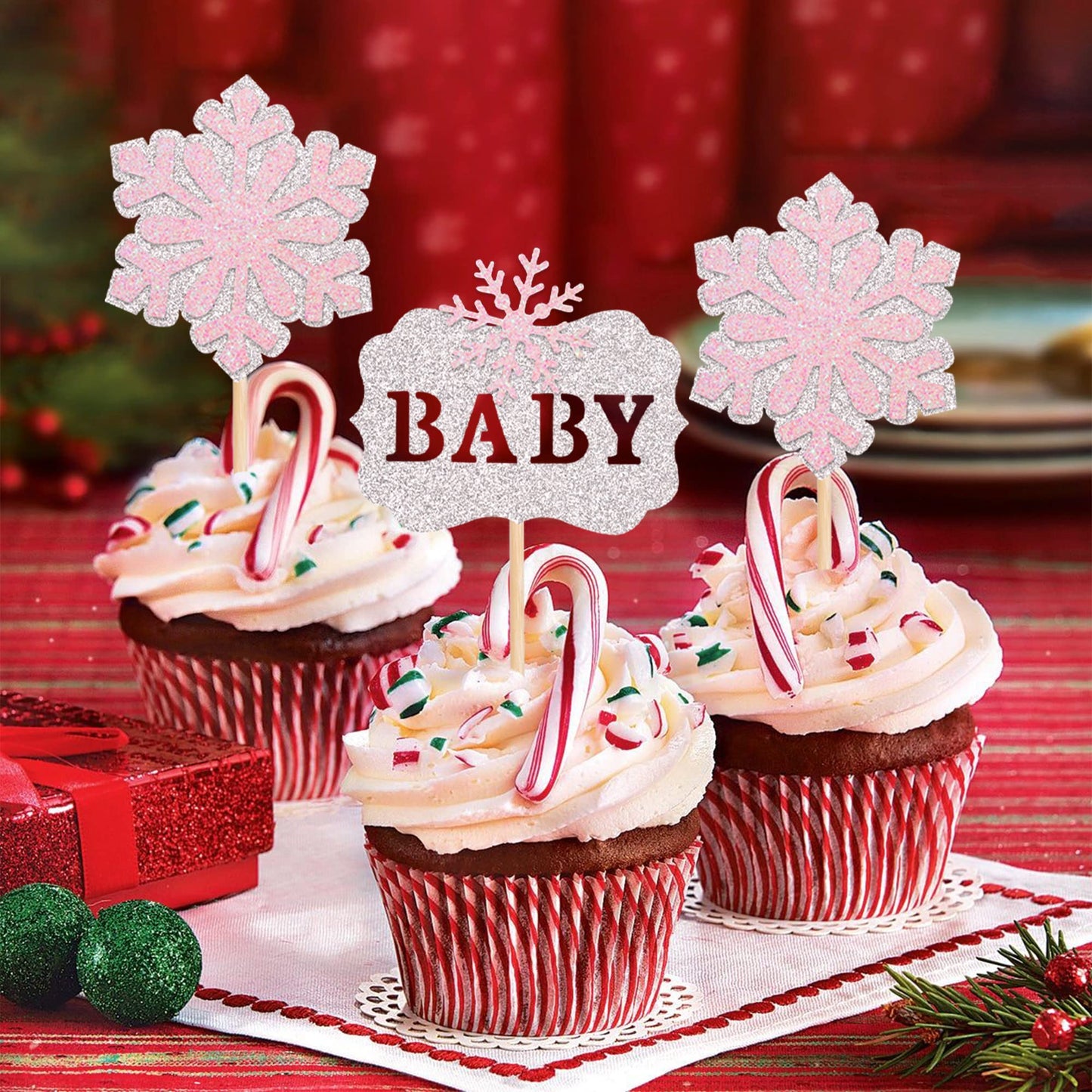 24 Pcs Snowflake Baby Cupcake Toppers Glitter Winter Snowflake Baby Shower Cupcake Picks Decorations For Winter Snowflake Theme