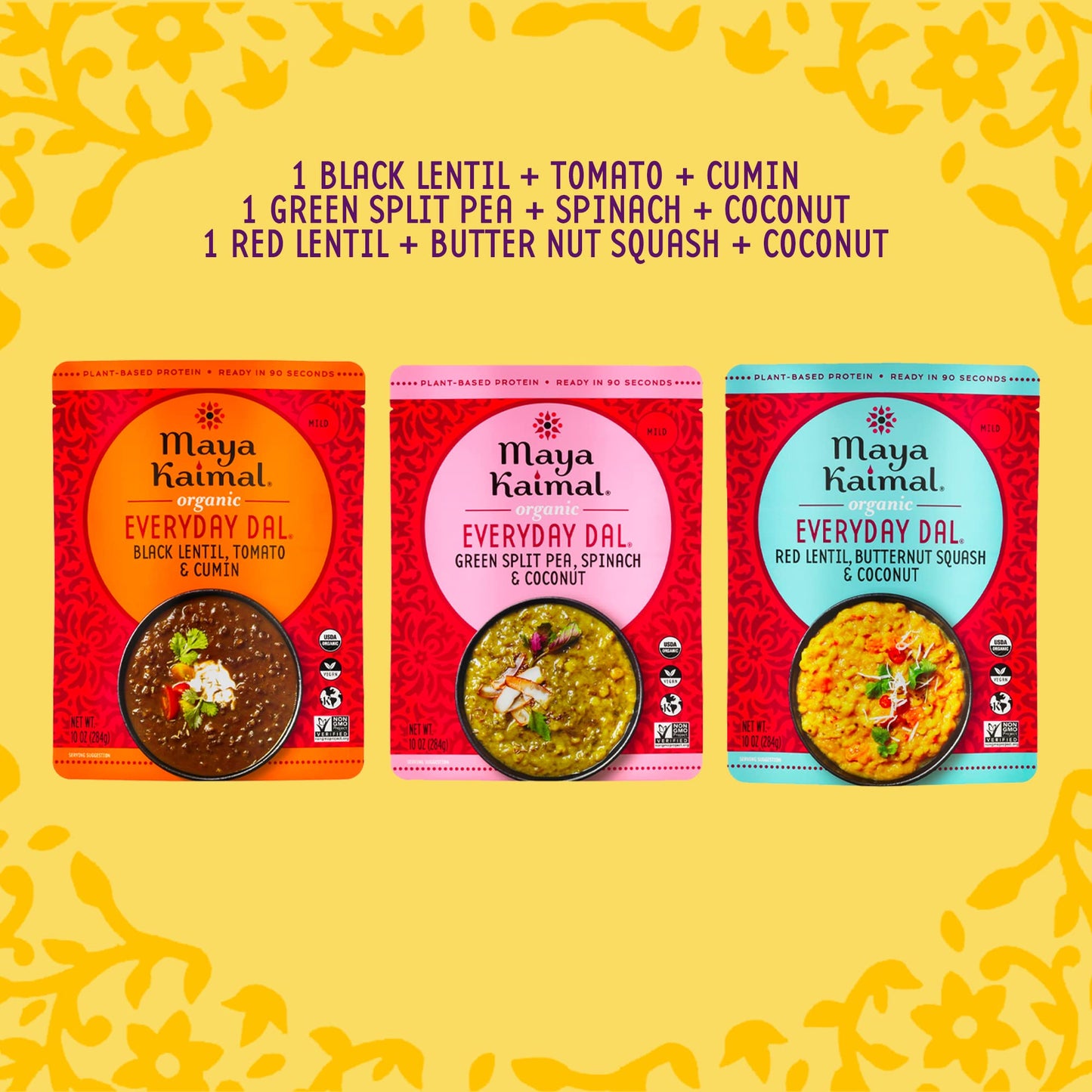 Maya Kaimal Foods - Organic Indian Everyday Dal - Variety Pack 10Oz - Red Lentil, Black Lentil, Green Split Pea - Fully Cooked -