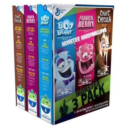 General Mills Monster Cereal 3-Pack with Monster Marshmallows(Boo Berry, Franken Berry, Count Chocula) 29.6 Ounce